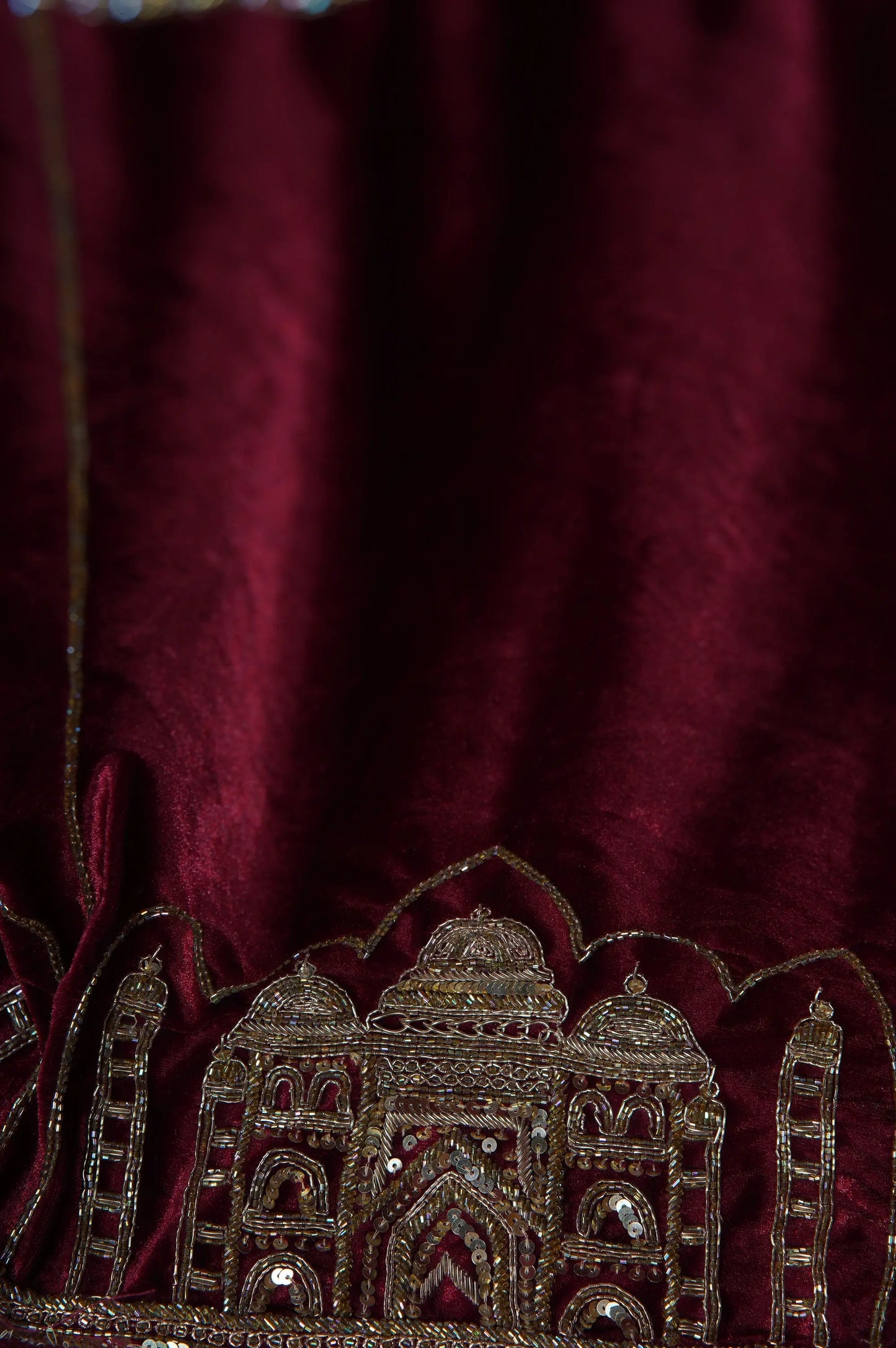 Burgundy Velvet Taj Mahal Lehenga Set kreationbykj