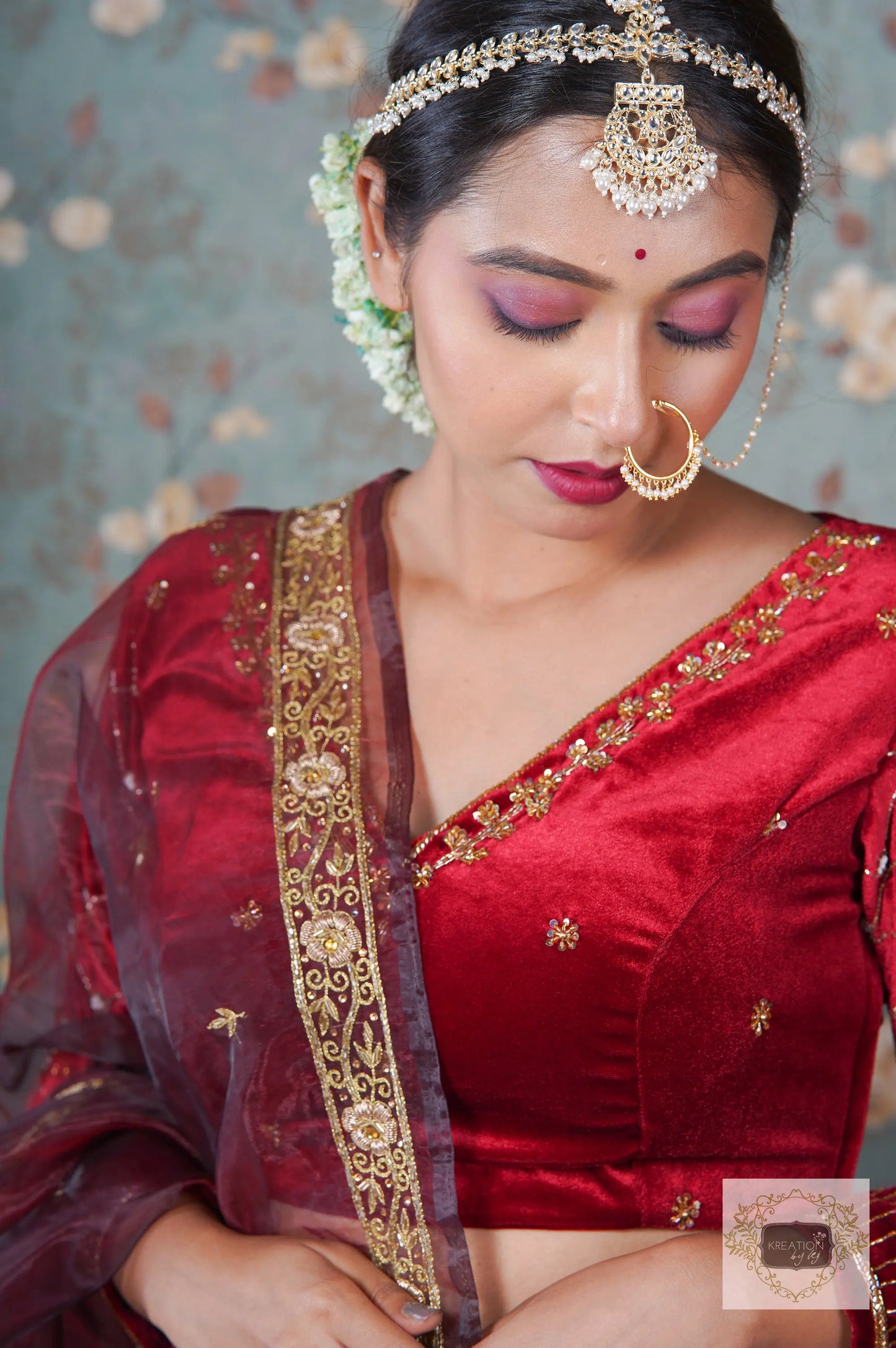 Burgundy Velvet Taj Mahal Lehenga Set kreationbykj