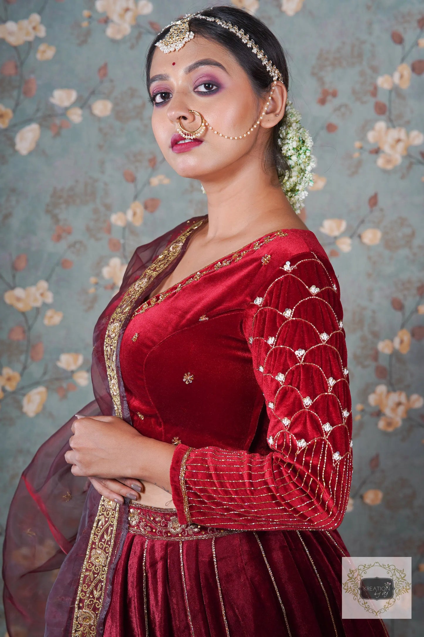 Maroon Velvet Taj Mahal Accent Blouse Piece kreationbykj