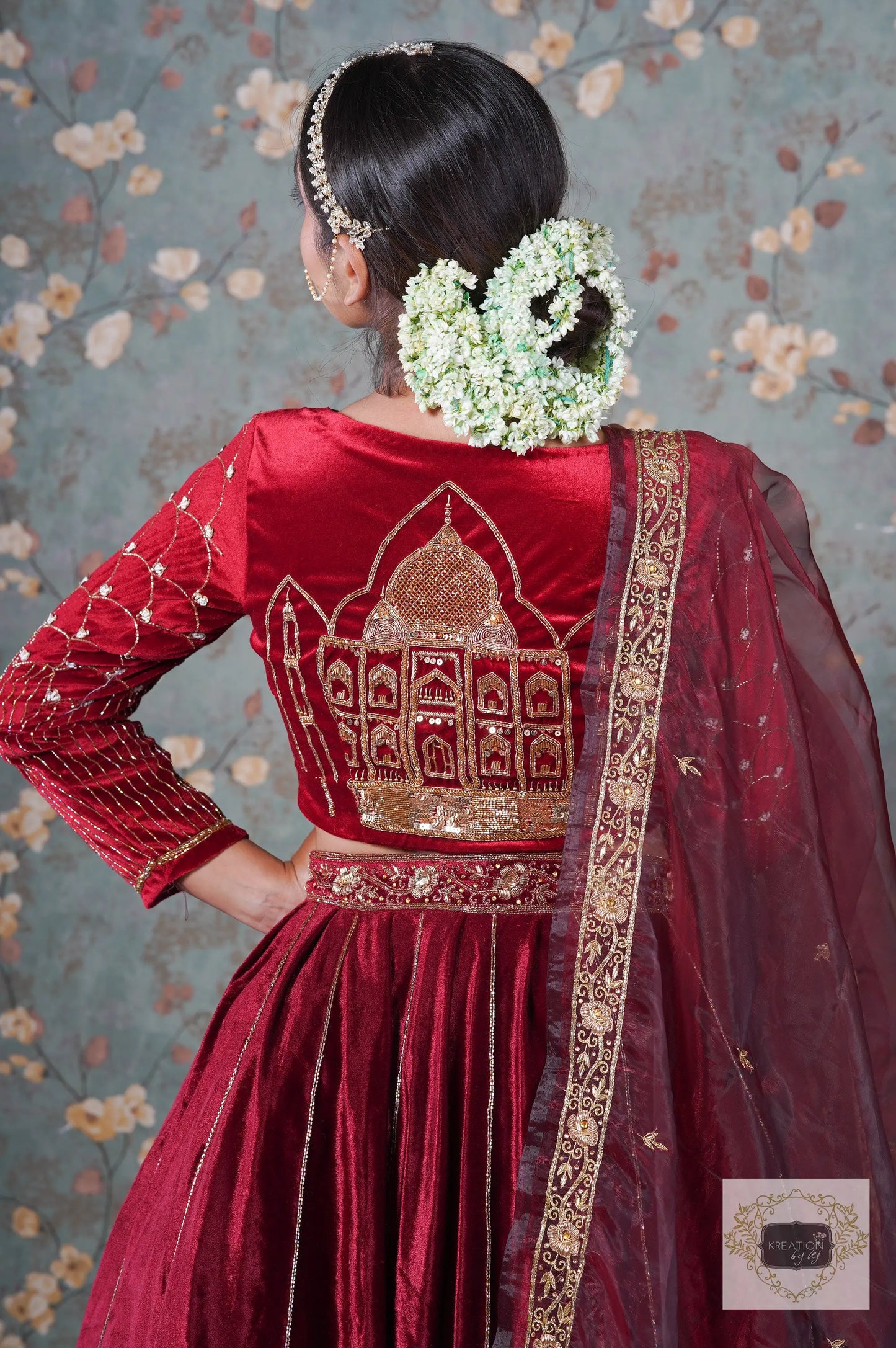 Burgundy Velvet Taj Mahal Lehenga Set kreationbykj
