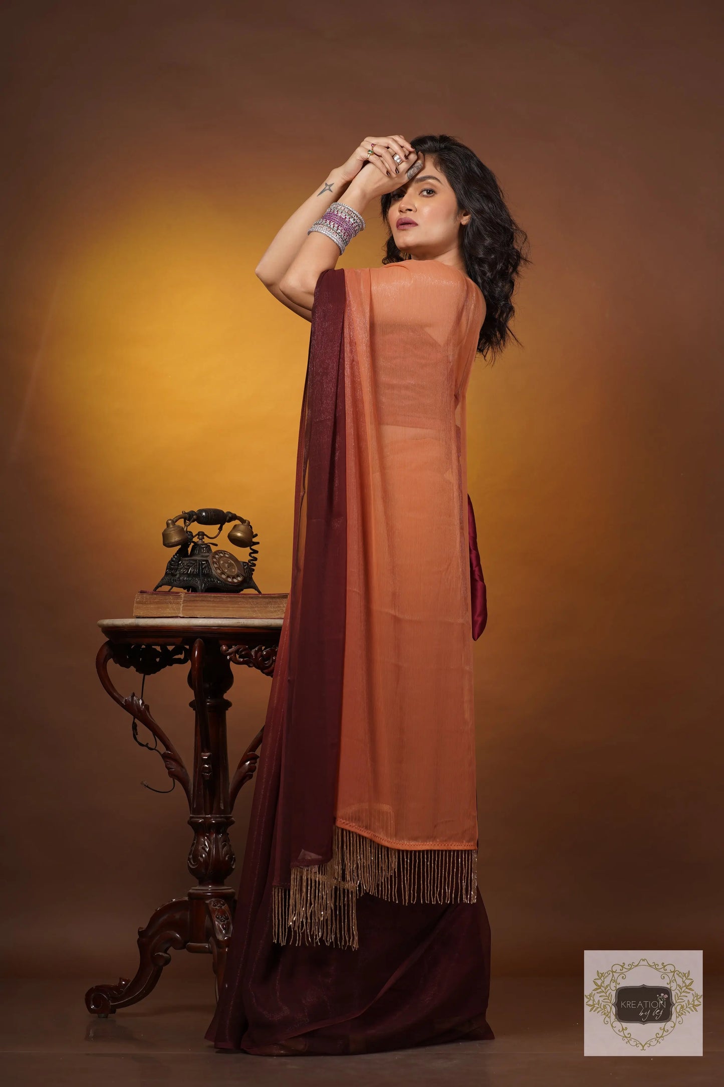 Biscotti Brown Crushed Organza Ombré Saree kreationbykj