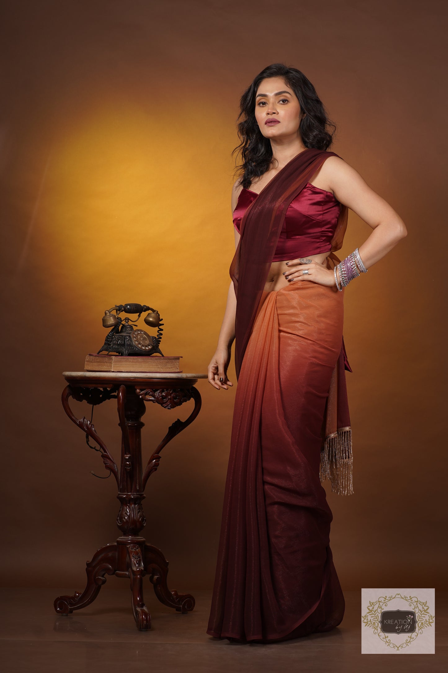 Biscotti Brown Crushed Organza Ombré Saree