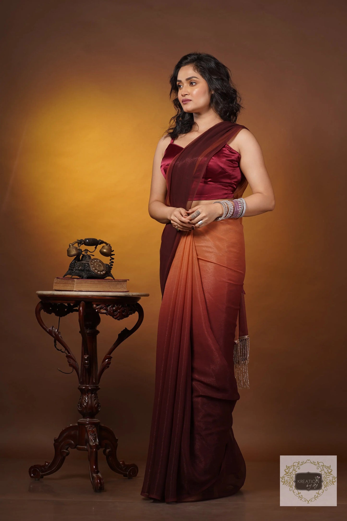 Biscotti Brown Crushed Organza Ombré Saree kreationbykj