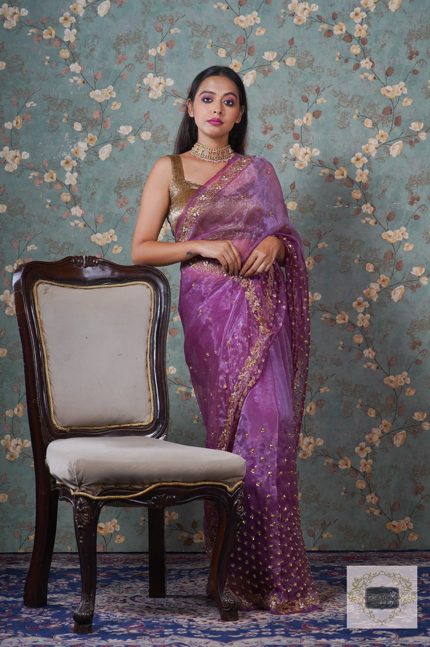 Purple Glass Tissue Badan Pe Sitare Saree kreationbykj