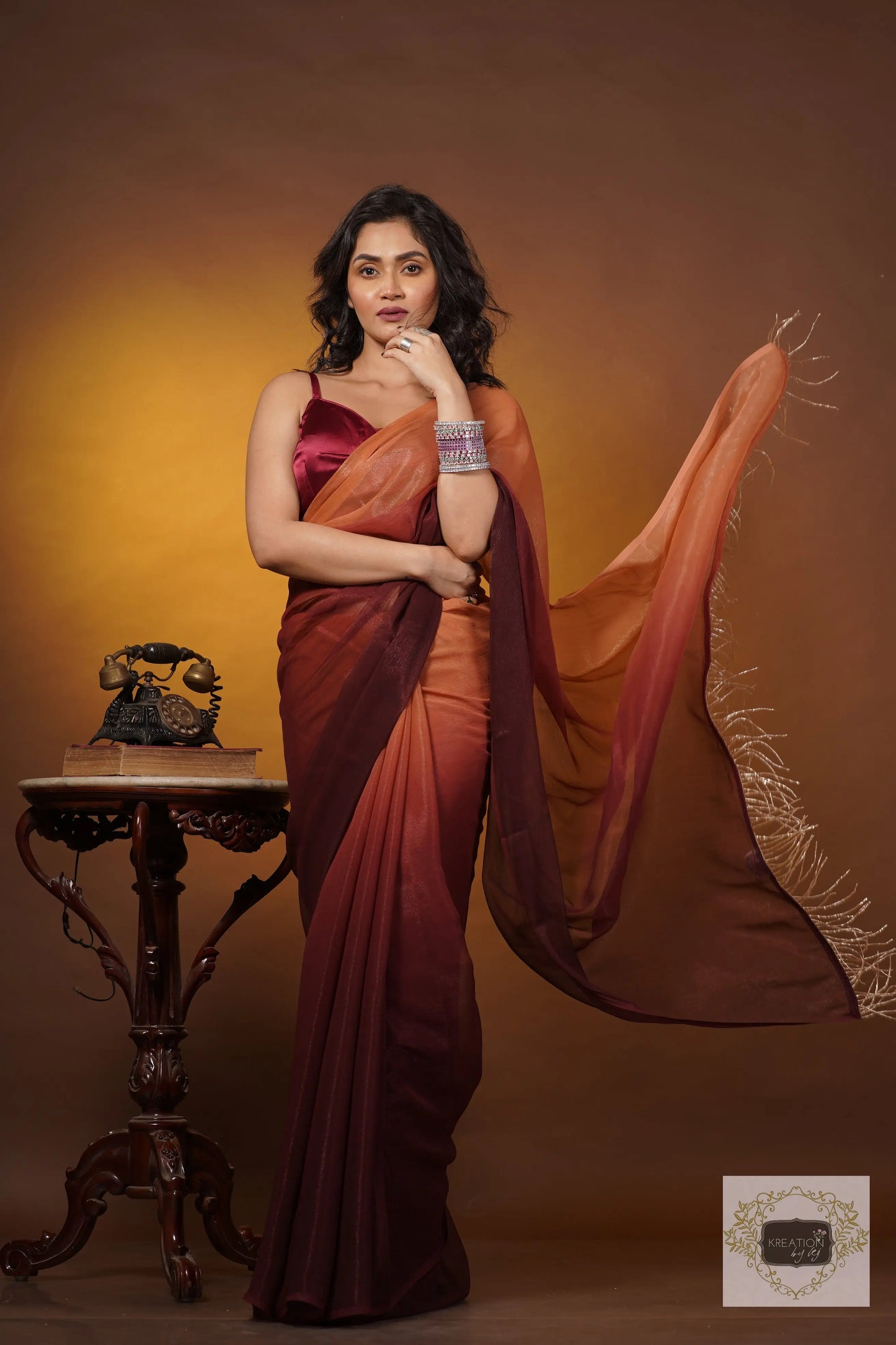 Biscotti Brown Crushed Organza Ombré Saree kreationbykj