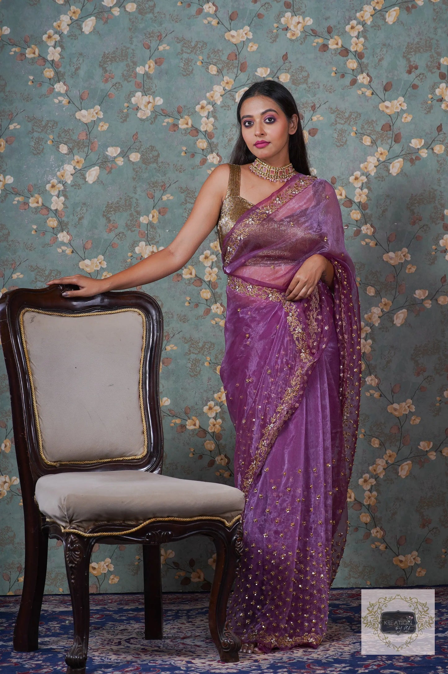 Purple Glass Tissue Badan Pe Sitare Saree kreationbykj