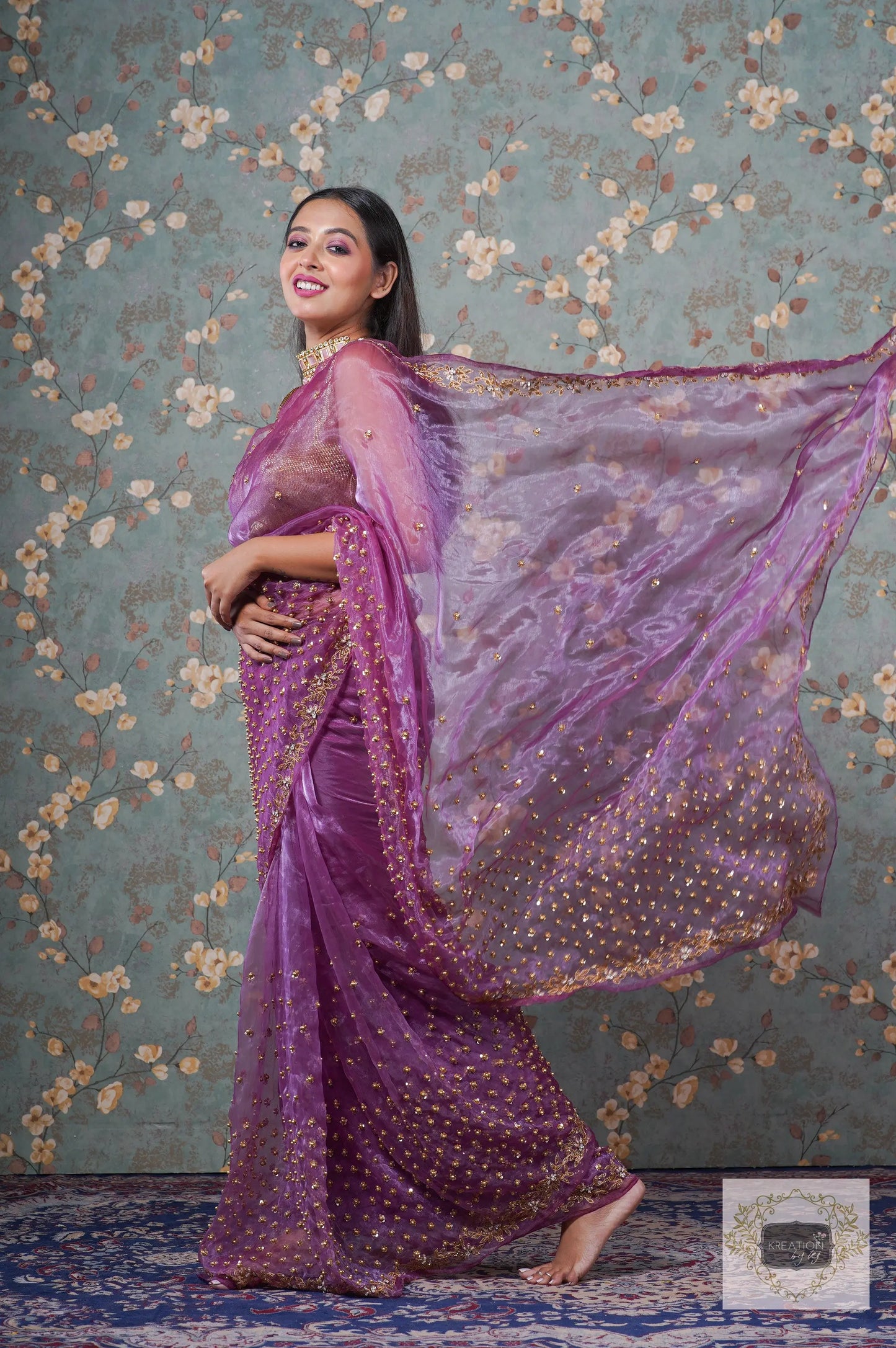 Purple Glass Tissue Badan Pe Sitare Saree kreationbykj