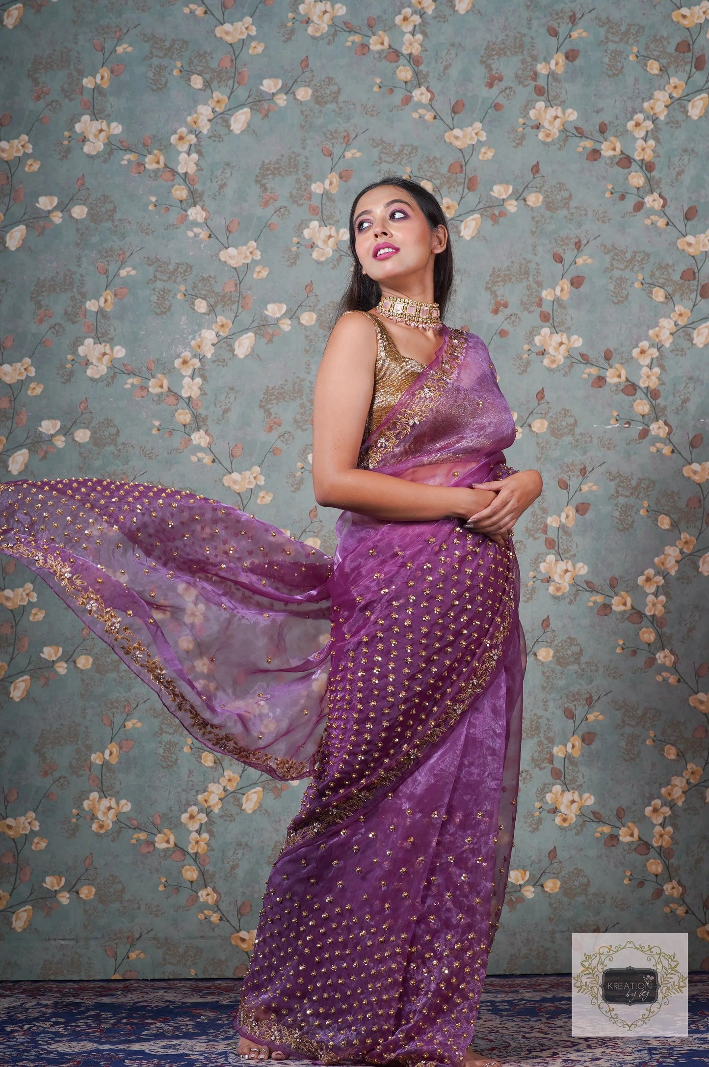 Purple Glass Tissue Badan Pe Sitare Saree kreationbykj