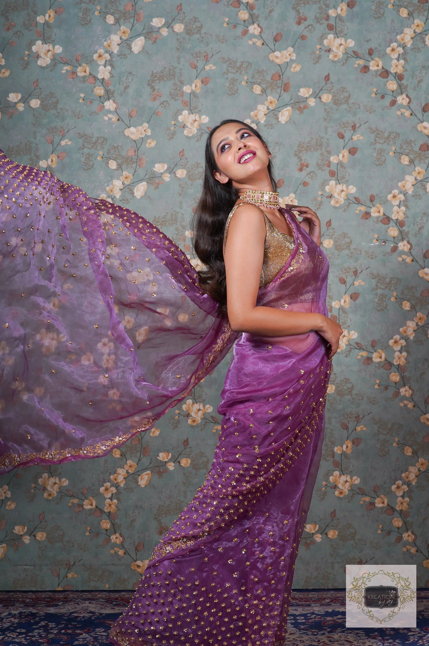 Purple Glass Tissue Badan Pe Sitare Saree kreationbykj