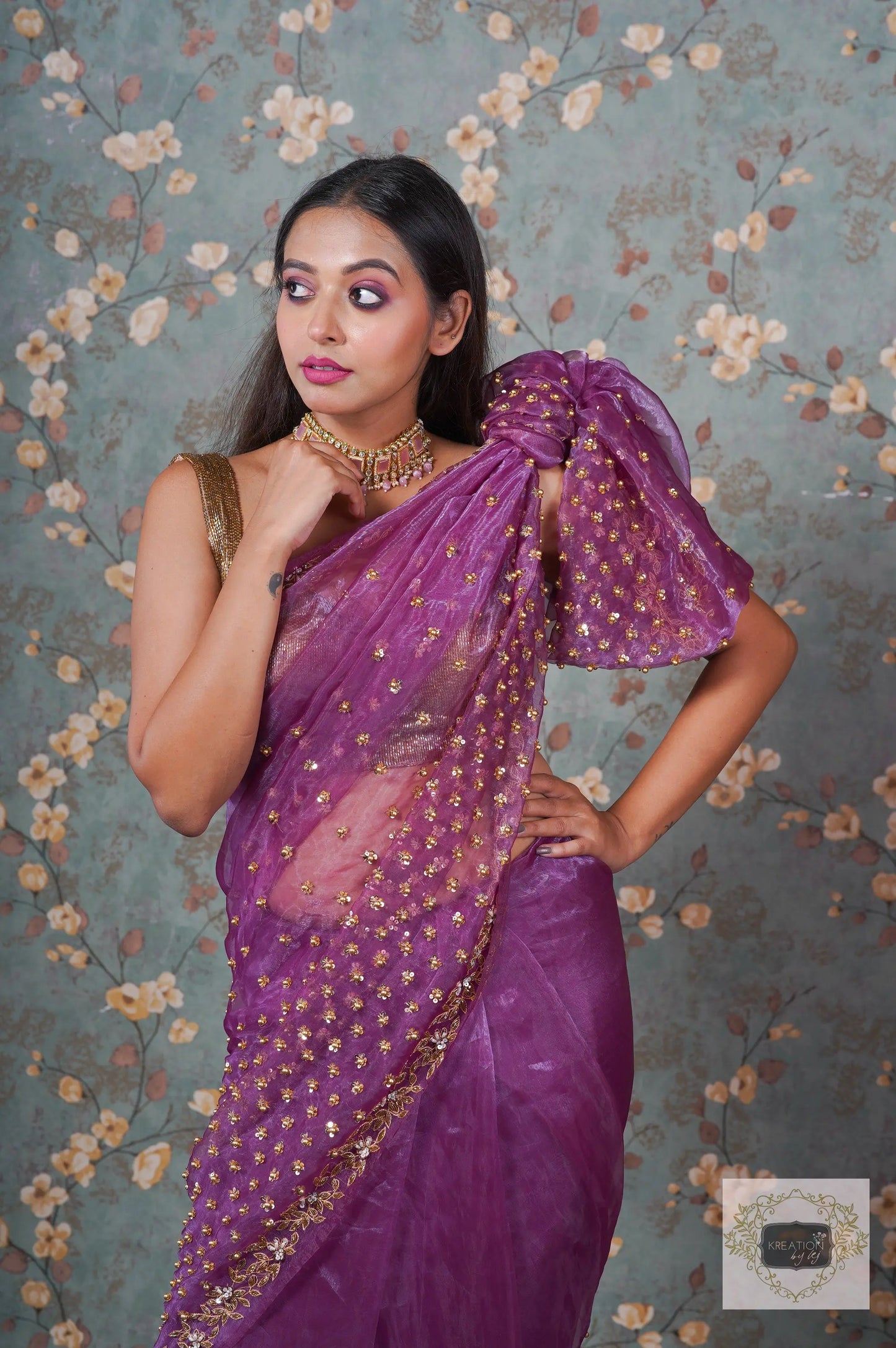 Purple Glass Tissue Badan Pe Sitare Saree kreationbykj