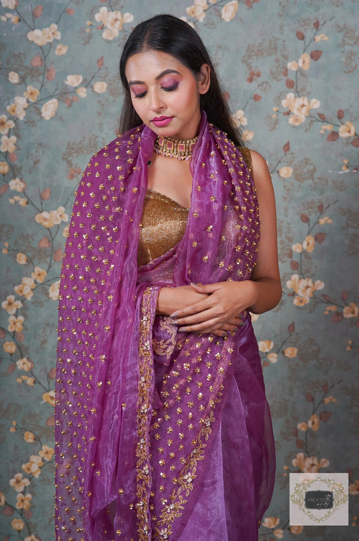 Purple Glass Tissue Badan Pe Sitare Saree kreationbykj