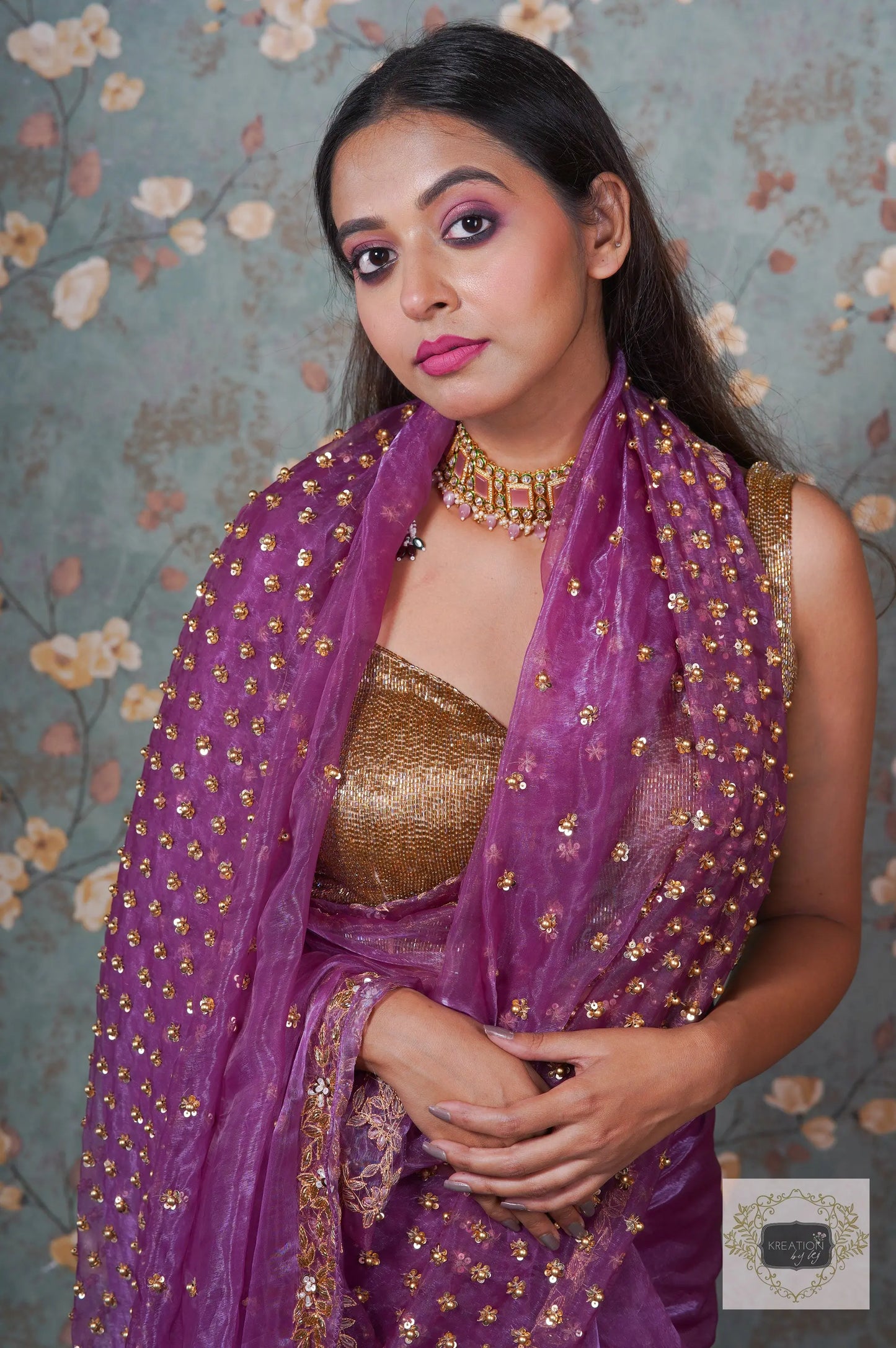 Purple Glass Tissue Badan Pe Sitare Saree kreationbykj