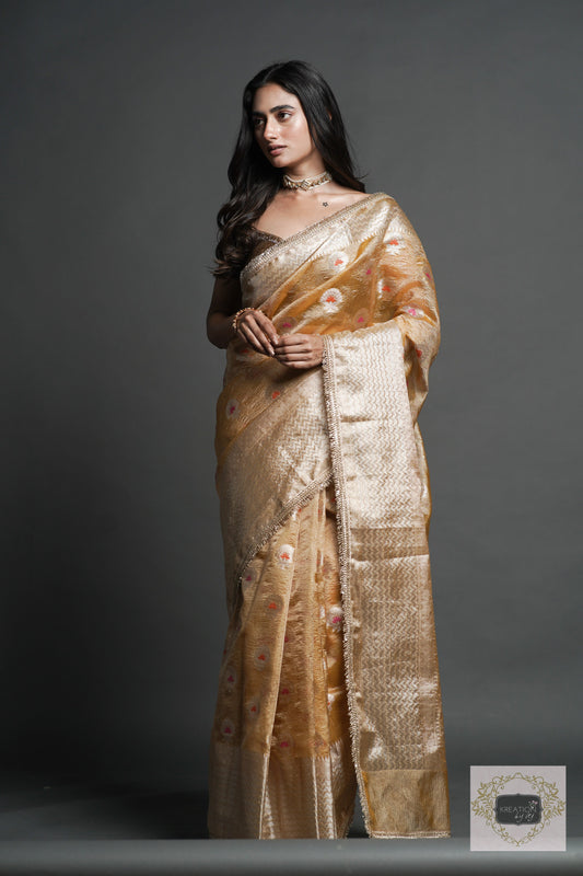 Yellow Crushed Tissue Banarasi Saree with Gota Border kreationbykj
