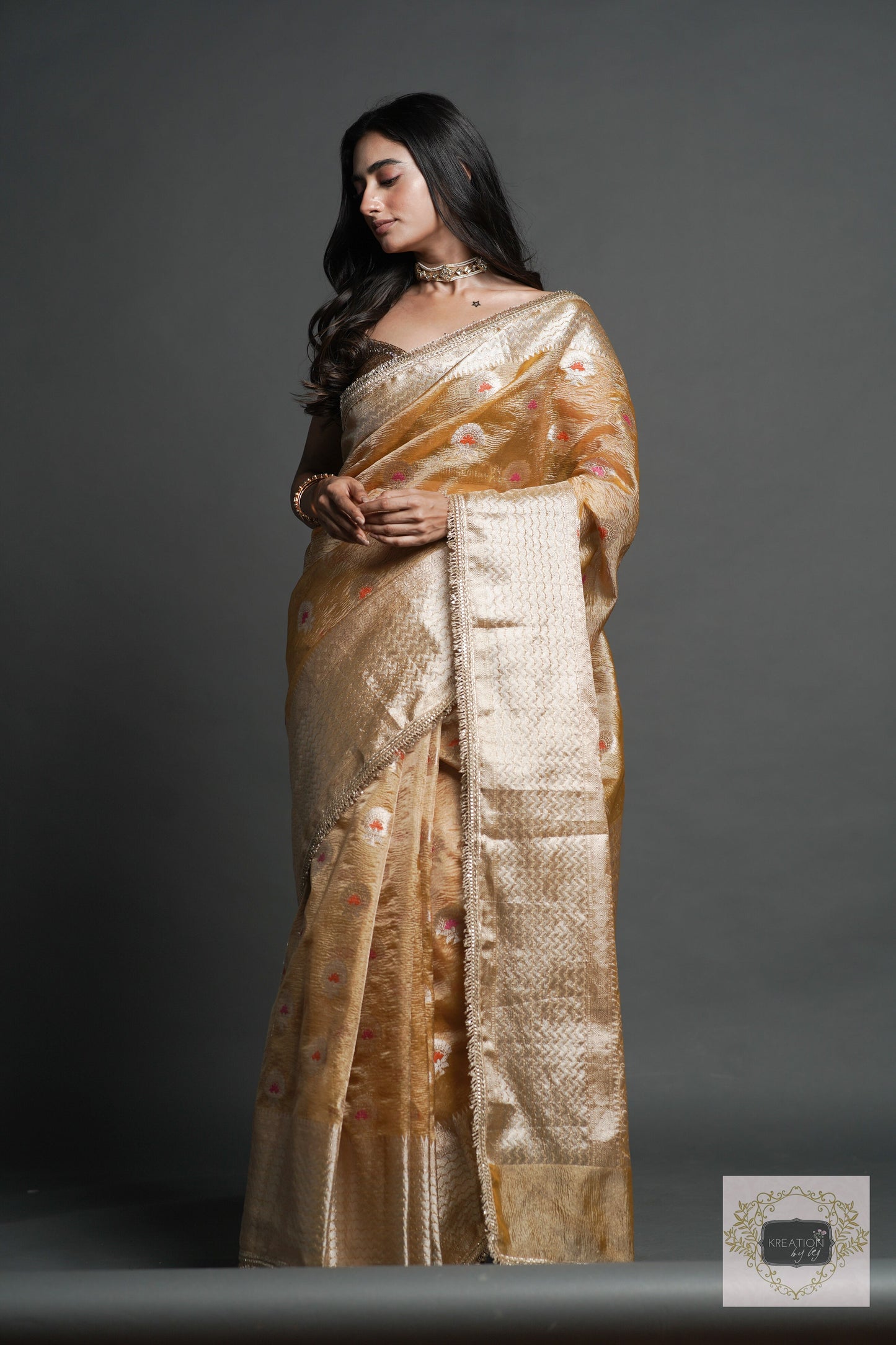 Yellow Crushed Tissue Banarasi Saree with Gota Border kreationbykj
