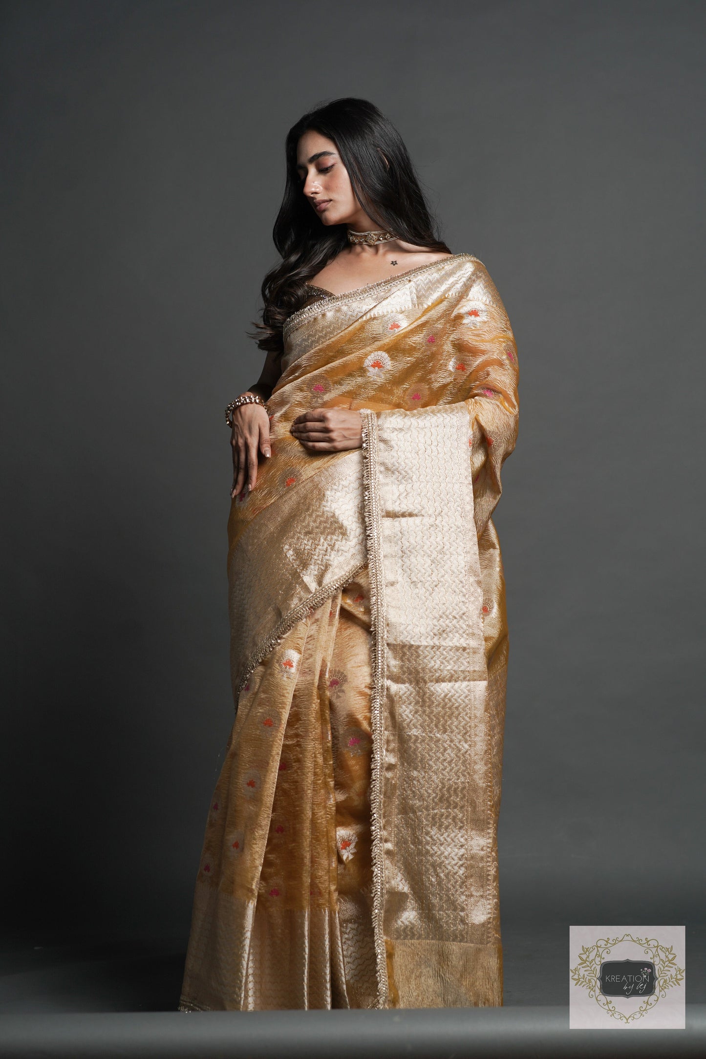 Yellow Crushed Tissue Banarasi Saree with Gota Border kreationbykj