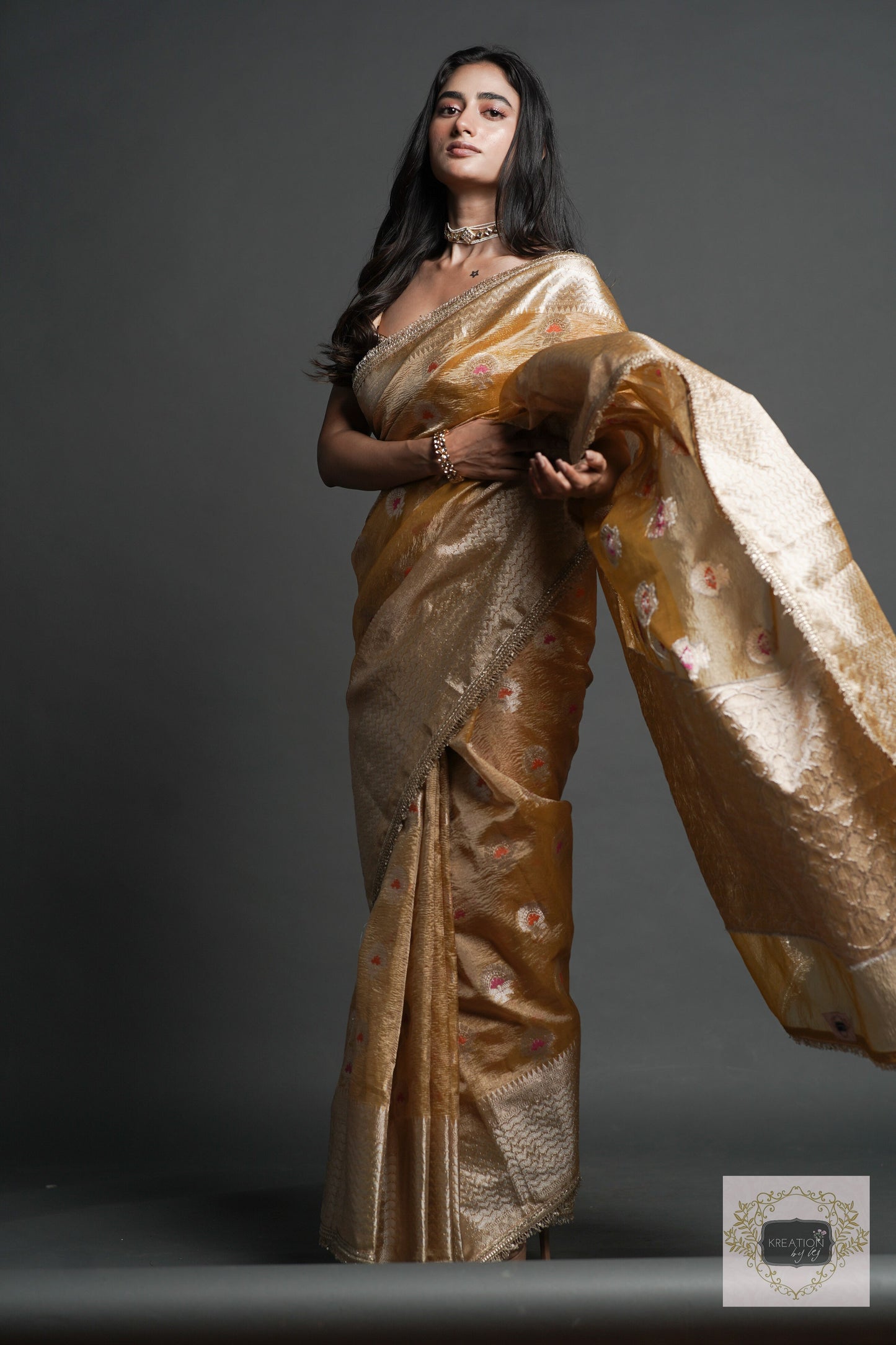 Yellow Crushed Tissue Banarasi Saree with Gota Border kreationbykj