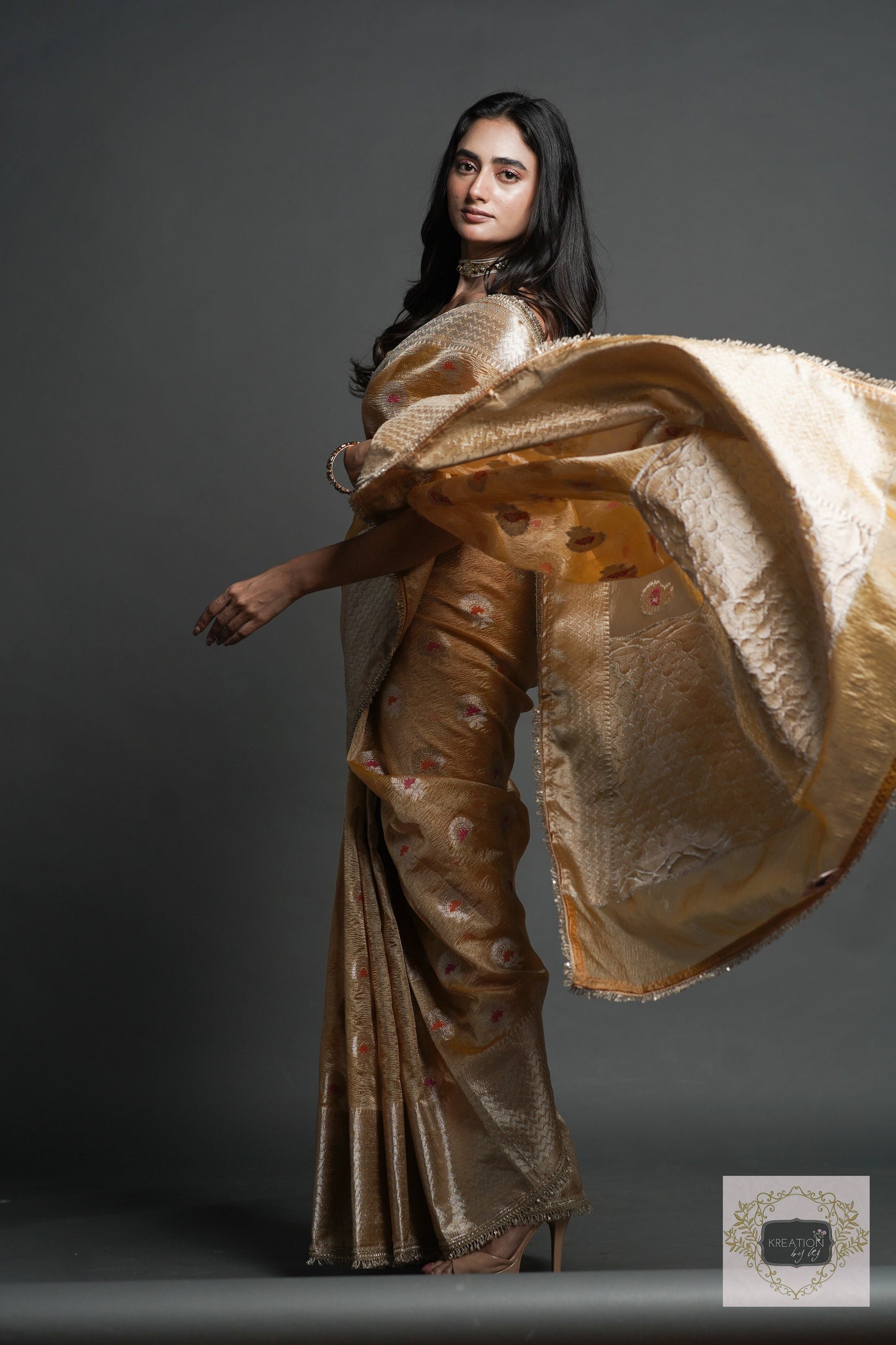 Yellow Crushed Tissue Banarasi Saree with Gota Border kreationbykj
