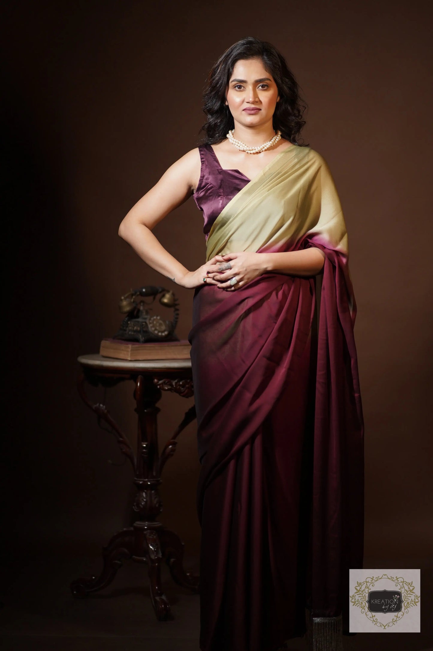 Wine- Olive Georgette Ombré Saree For Bridesmaid kreationbykj
