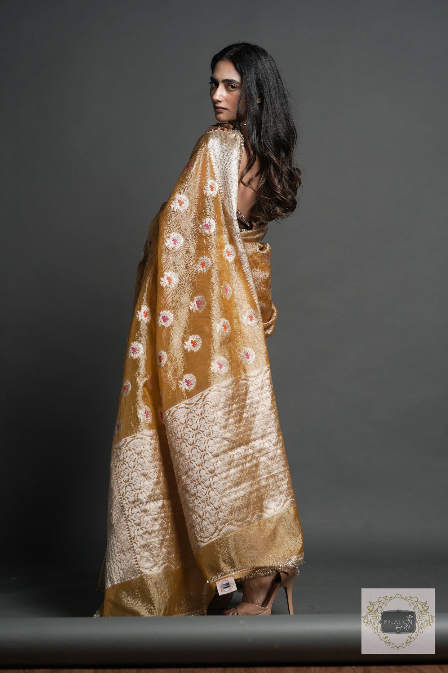 Yellow Crushed Tissue Banarasi Saree with Gota Border kreationbykj