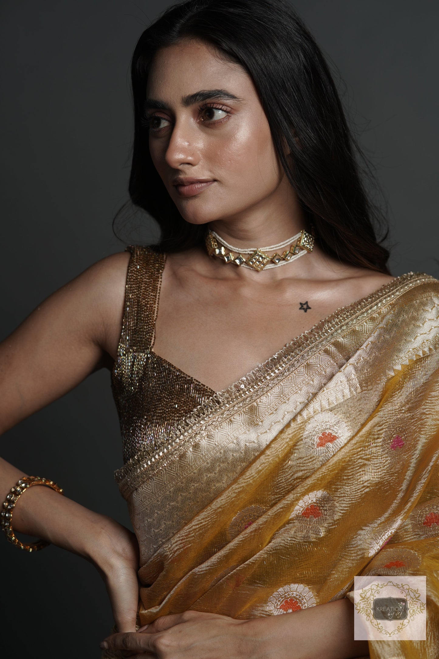 Yellow Crushed Tissue Banarasi Saree with Gota Border kreationbykj