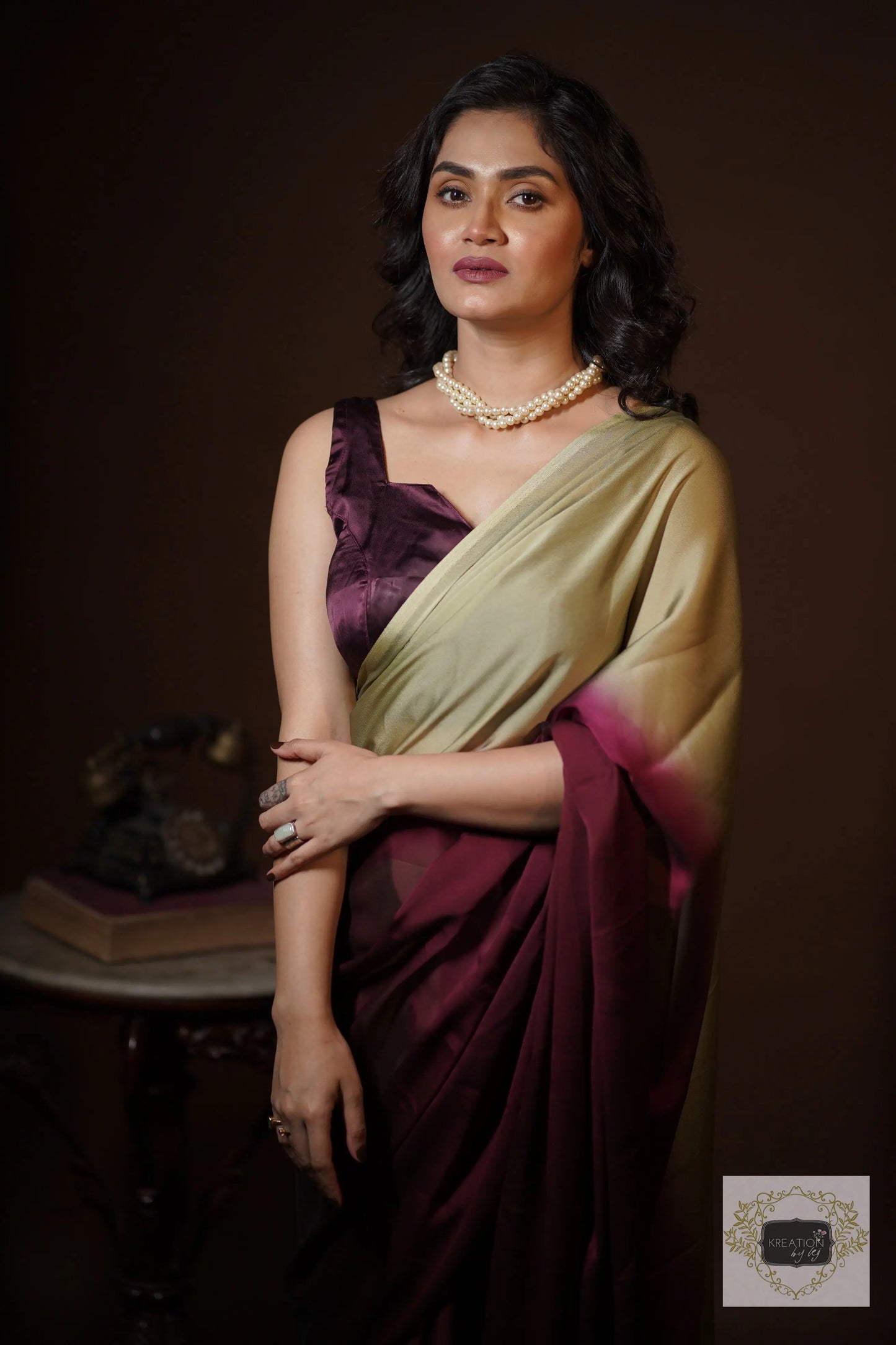 Wine- Olive Georgette Ombré Saree For Bridesmaid kreationbykj