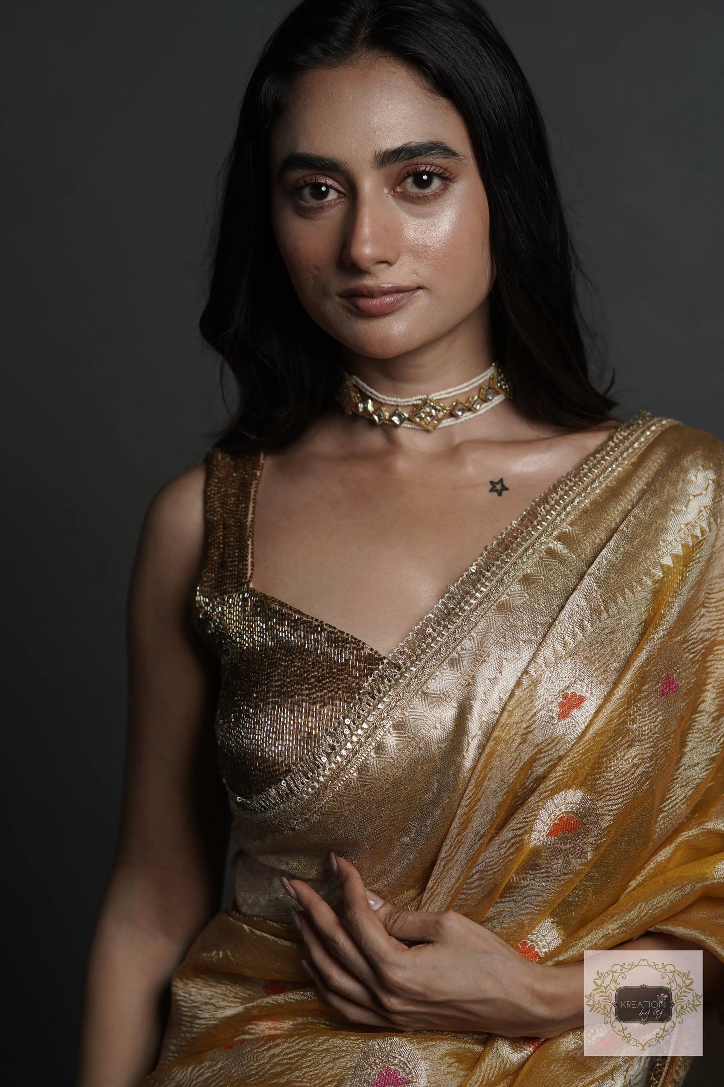 Yellow Crushed Tissue Banarasi Saree with Gota Border kreationbykj