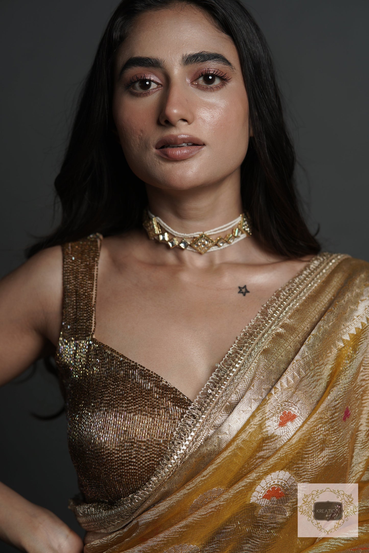 Yellow Crushed Tissue Banarasi Saree with Gota Border kreationbykj