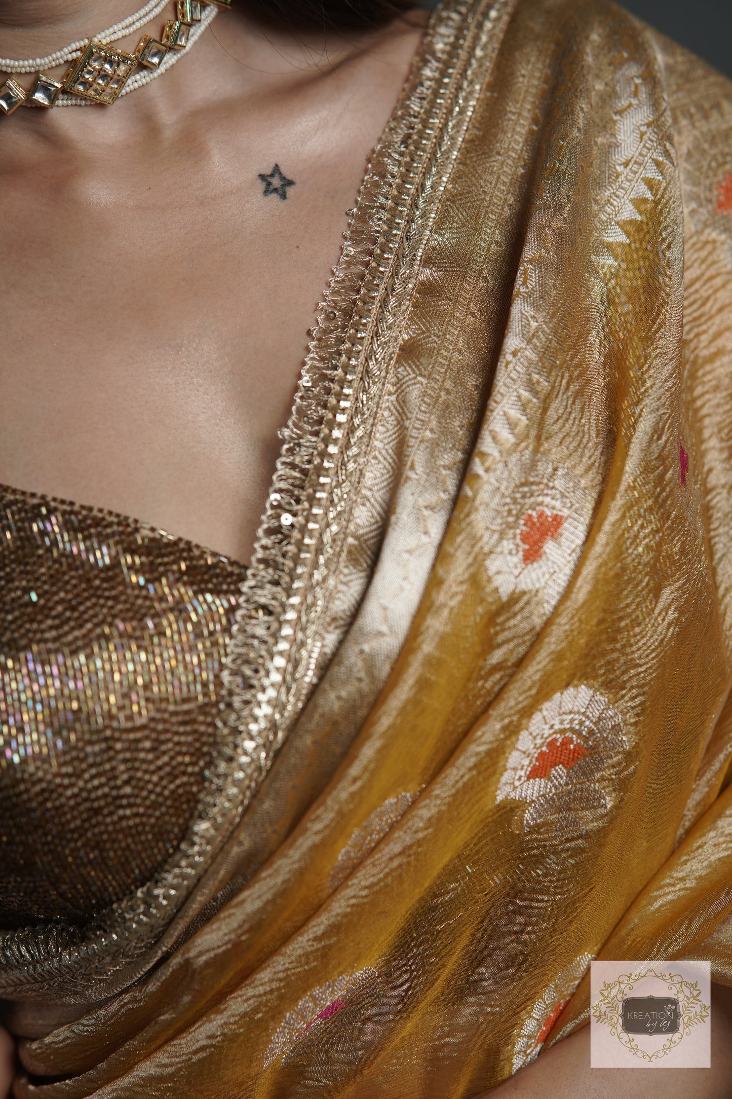Yellow Crushed Tissue Banarasi Saree with Gota Border kreationbykj
