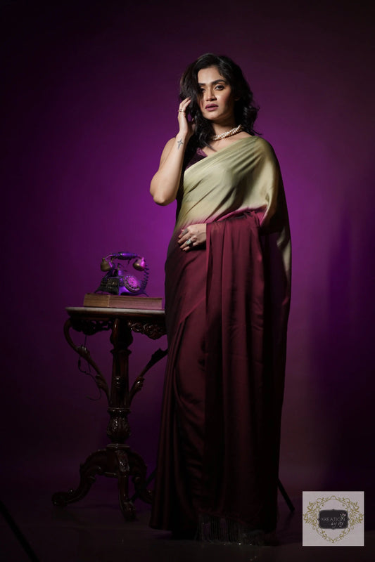 Wine- Olive Georgette Ombré Saree For Bridesmaid kreationbykj
