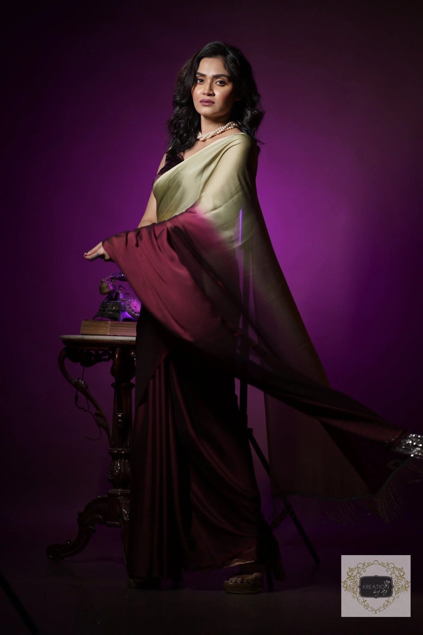 Wine- Olive Georgette Ombré Saree For Bridesmaid kreationbykj