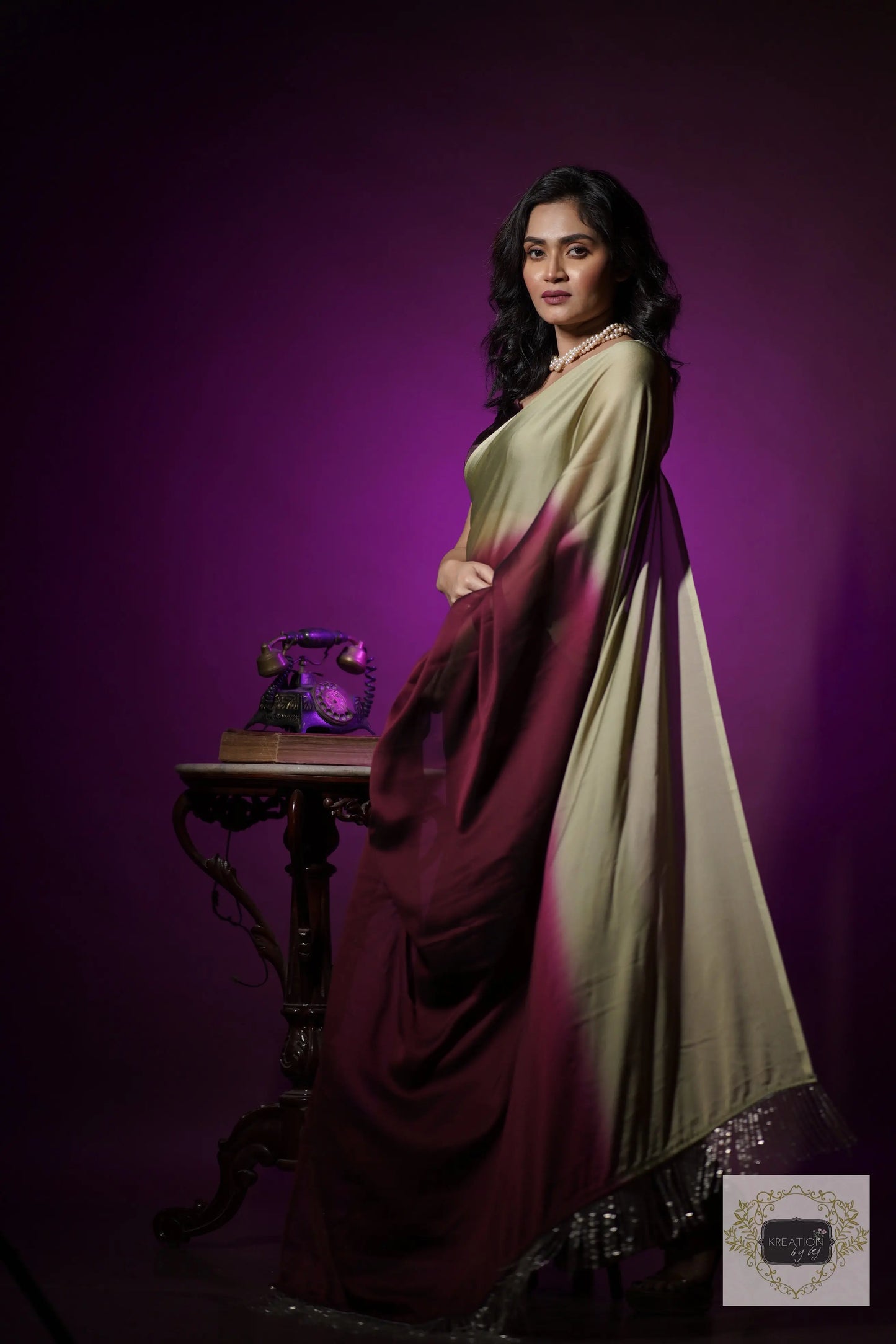 Wine- Olive Georgette Ombré Saree For Bridesmaid kreationbykj