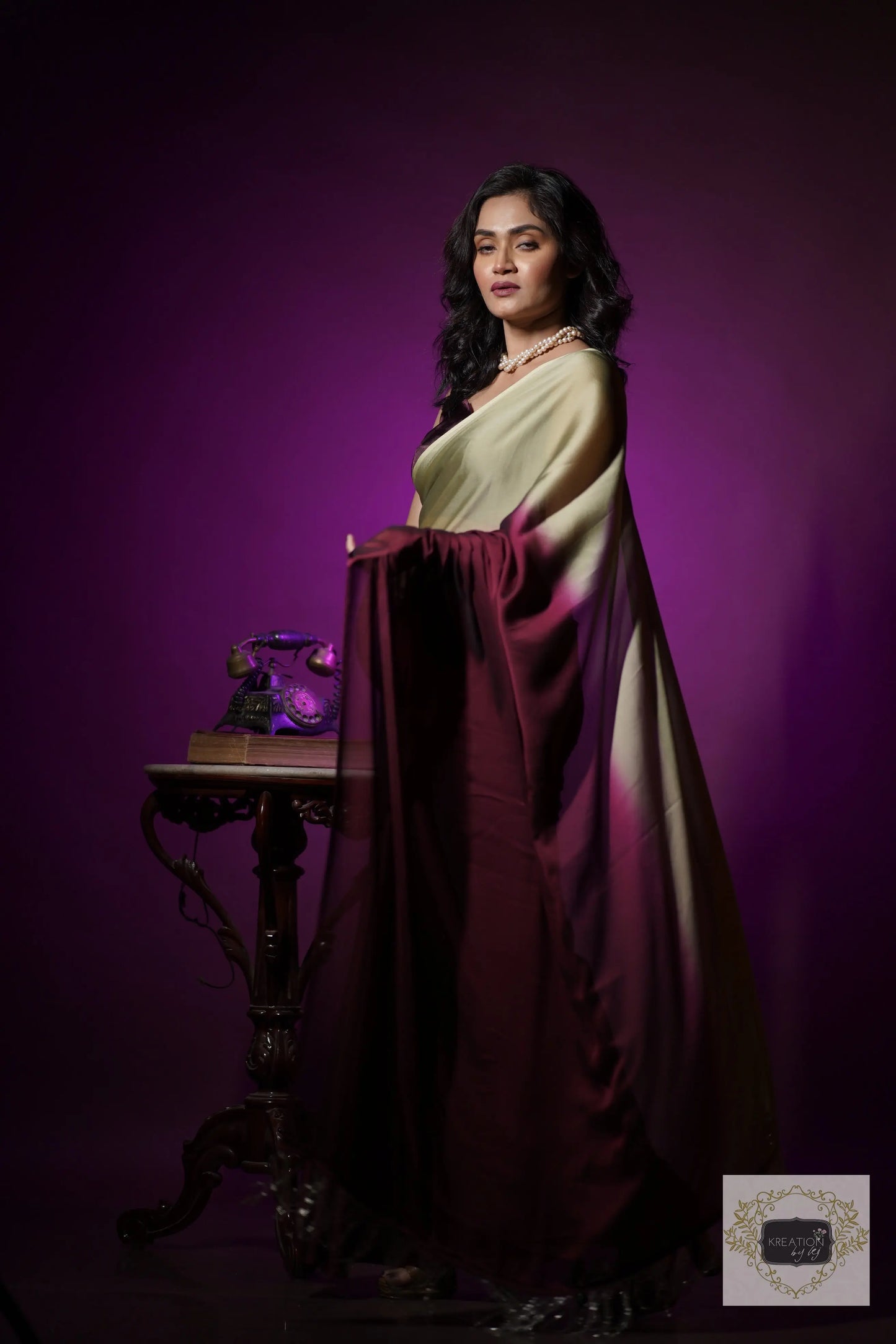 Wine- Olive Georgette Ombré Saree For Bridesmaid kreationbykj