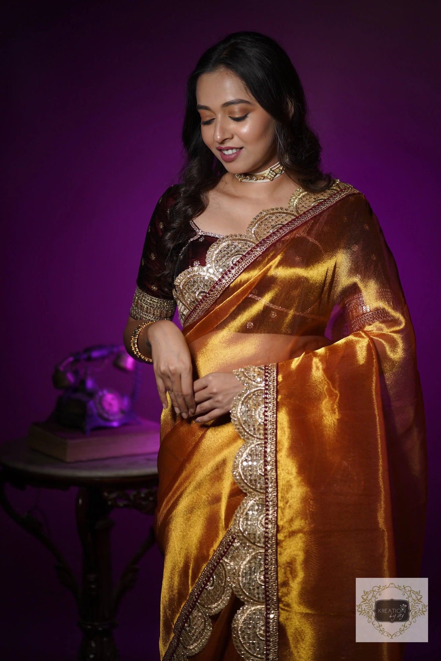Fiery Gold Zari Tissue Mehraab Border Saree kreationbykj