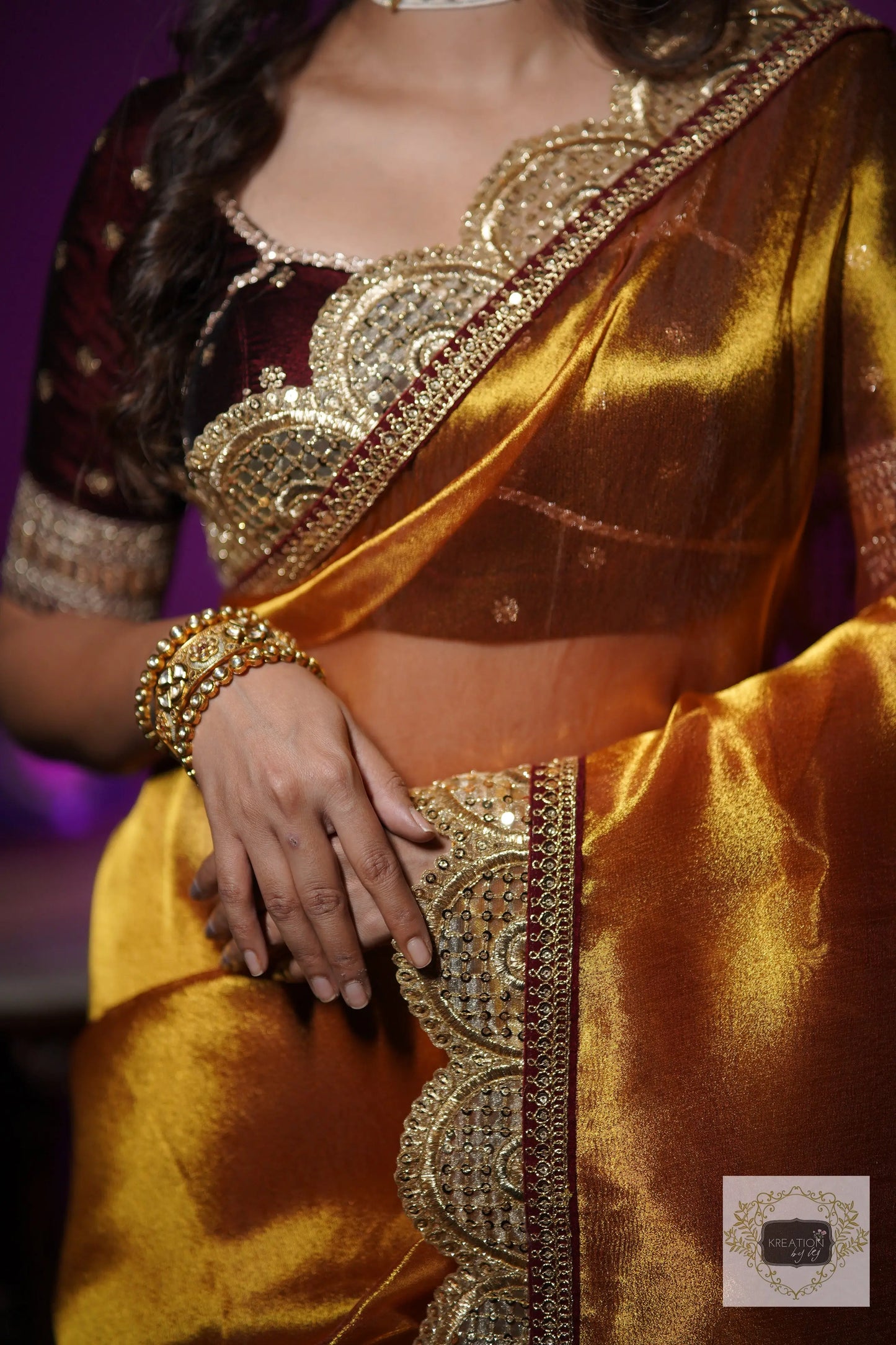 Fiery Gold Zari Tissue Mehraab Border Saree kreationbykj