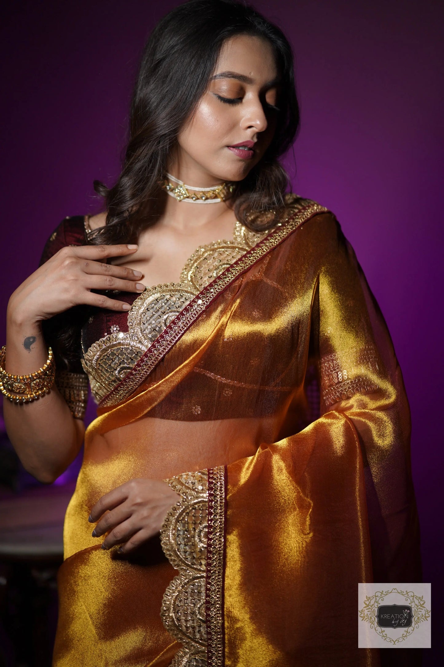 Fiery Gold Zari Tissue Mehraab Border Saree kreationbykj