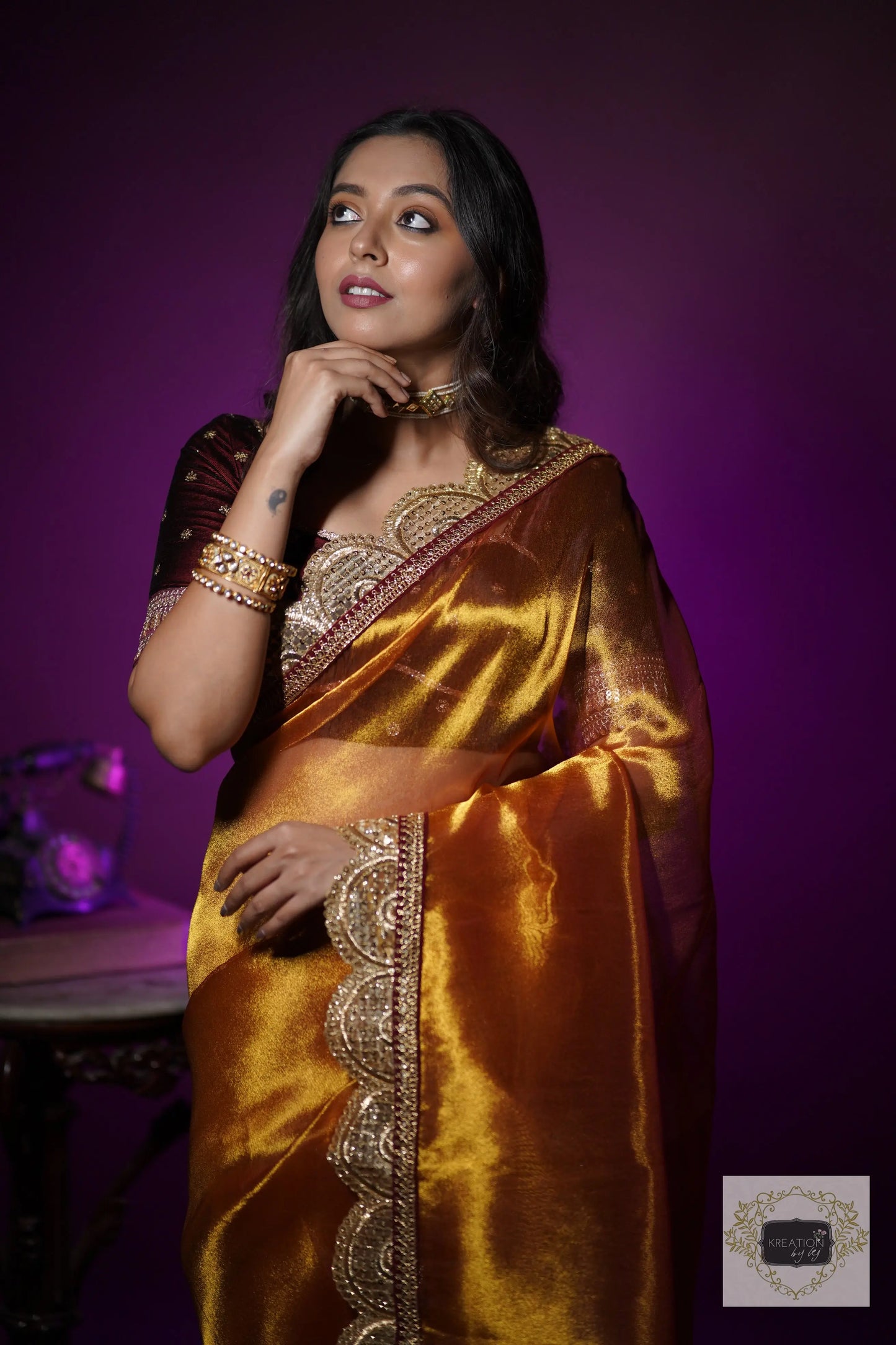 Fiery Gold Zari Tissue Mehraab Border Saree kreationbykj