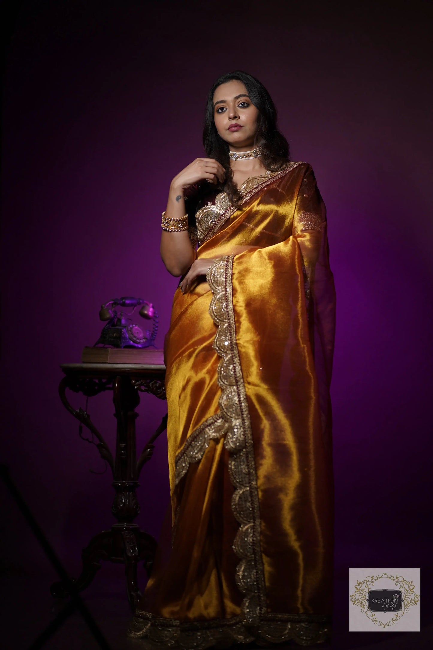 Fiery Gold Zari Tissue Mehraab Border Saree kreationbykj