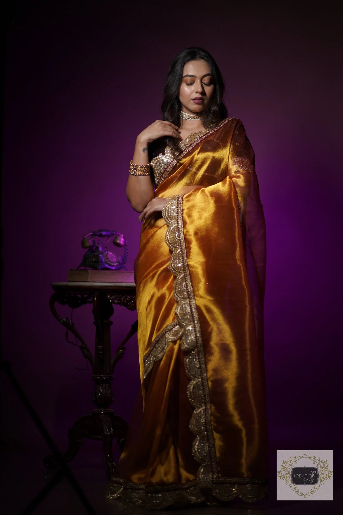 Fiery Gold Zari Tissue Mehraab Border Saree kreationbykj