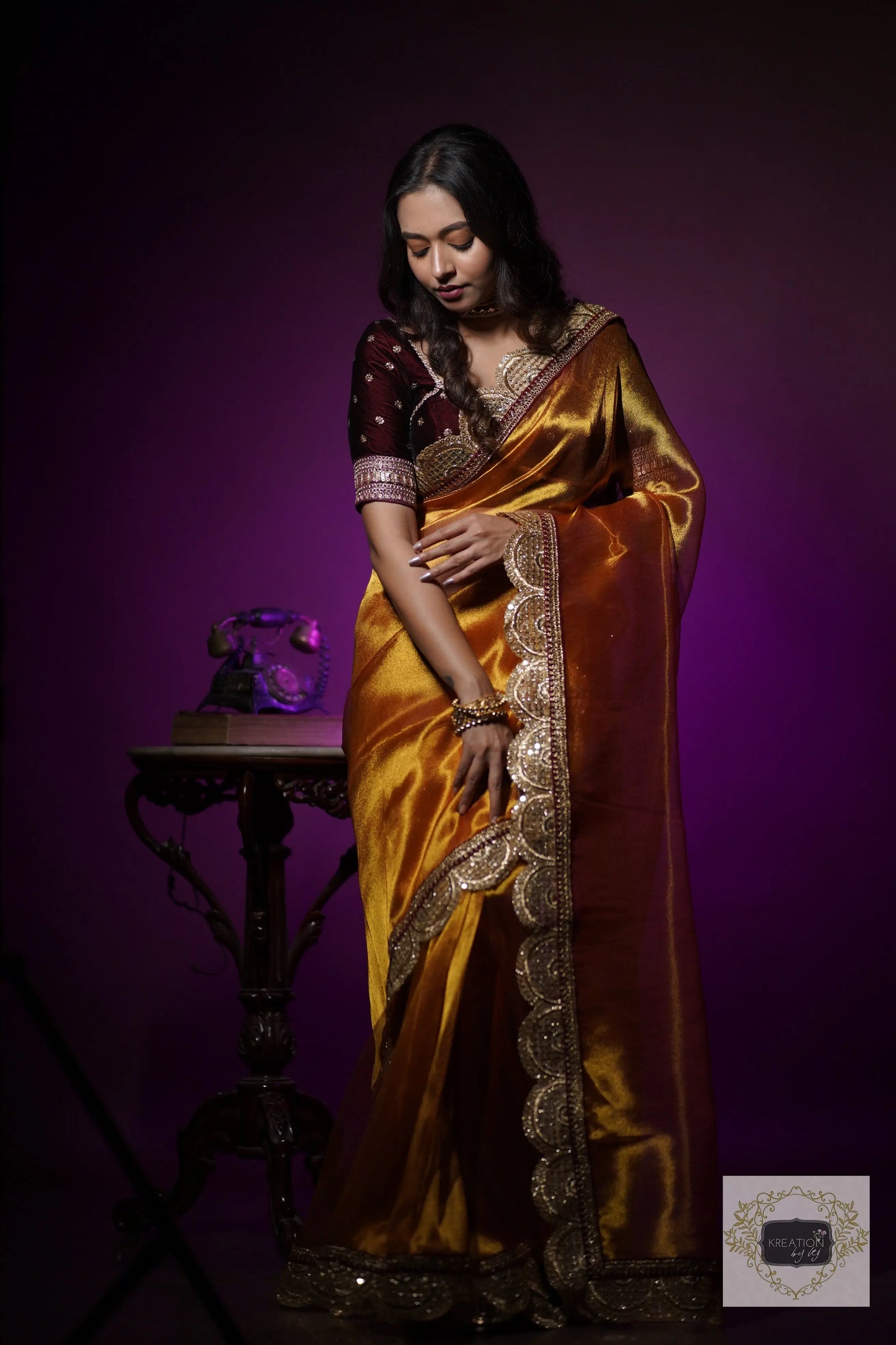 Fiery Gold Zari Tissue Mehraab Border Saree kreationbykj
