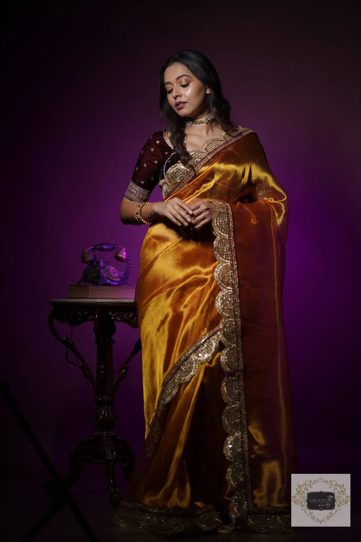 Fiery Gold Zari Tissue Mehraab Border Saree kreationbykj