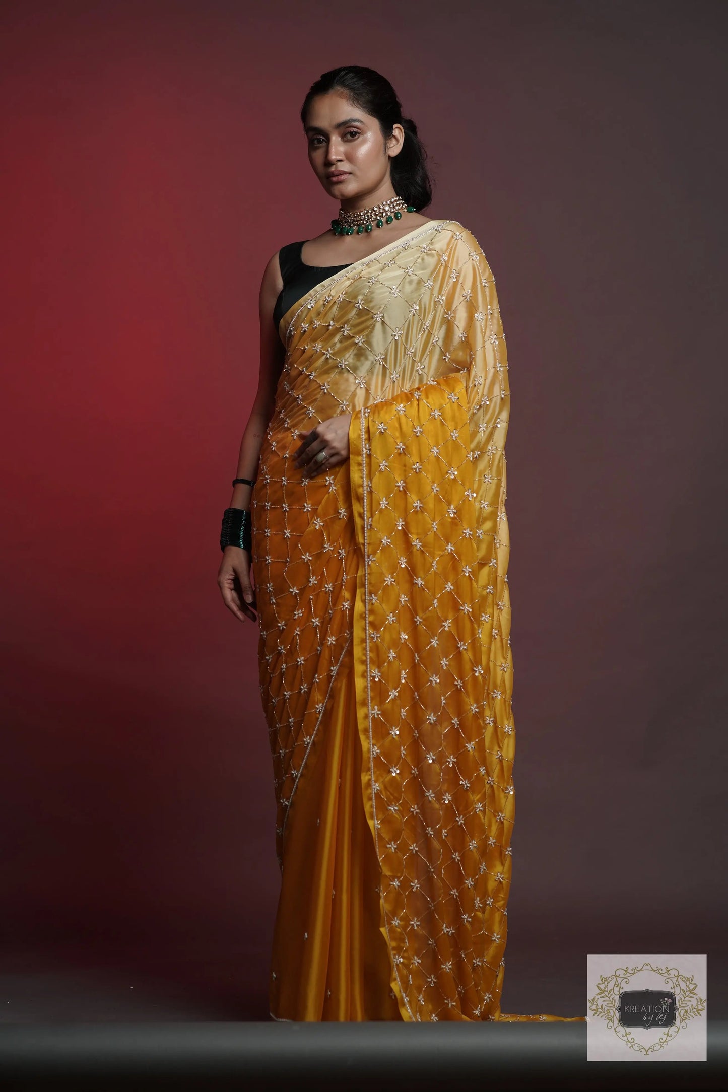 Yellow Ombre Cutdana Jaal Saree kreationbykj