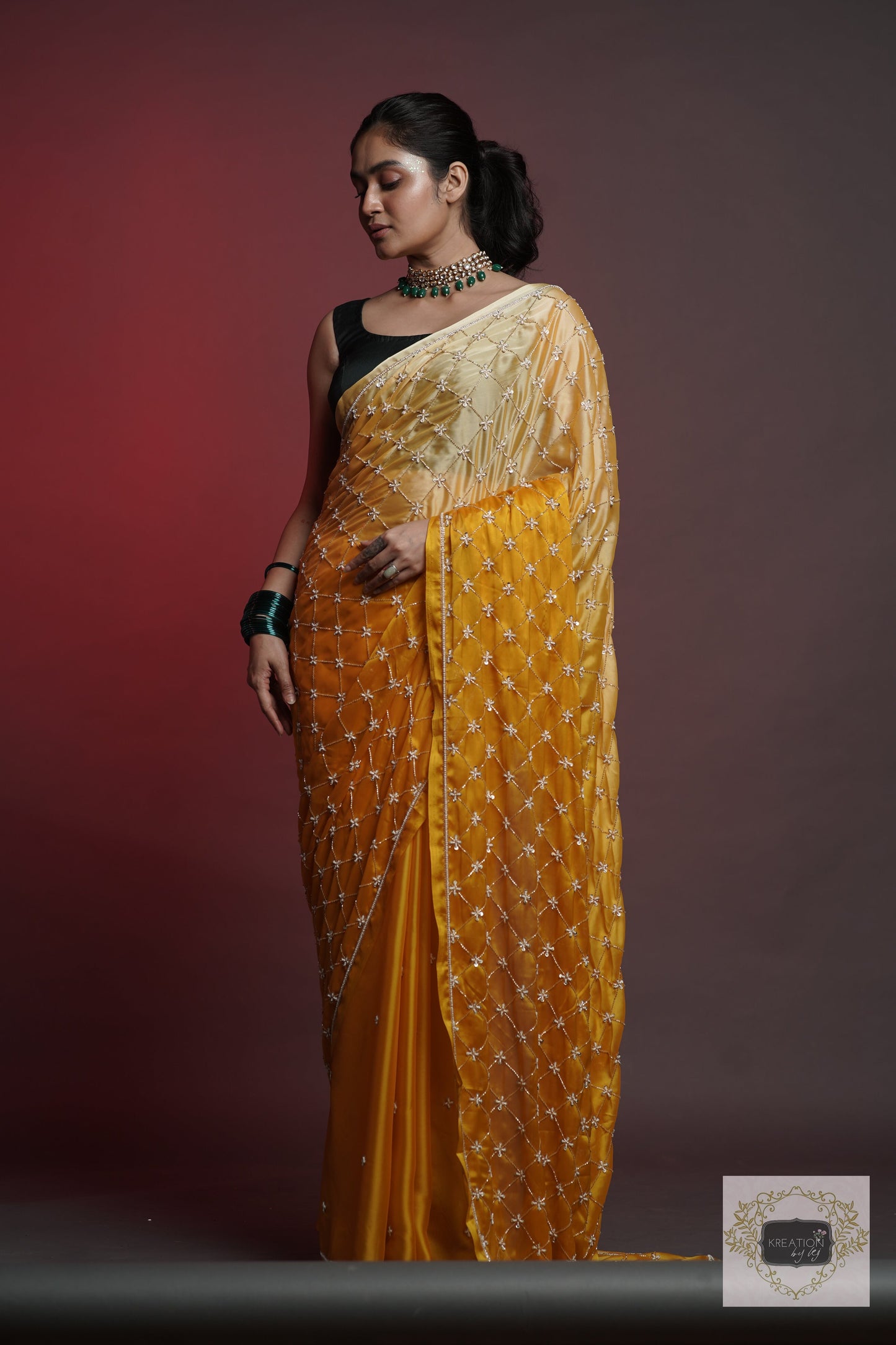 Yellow Ombre Cutdana Jaal Saree kreationbykj