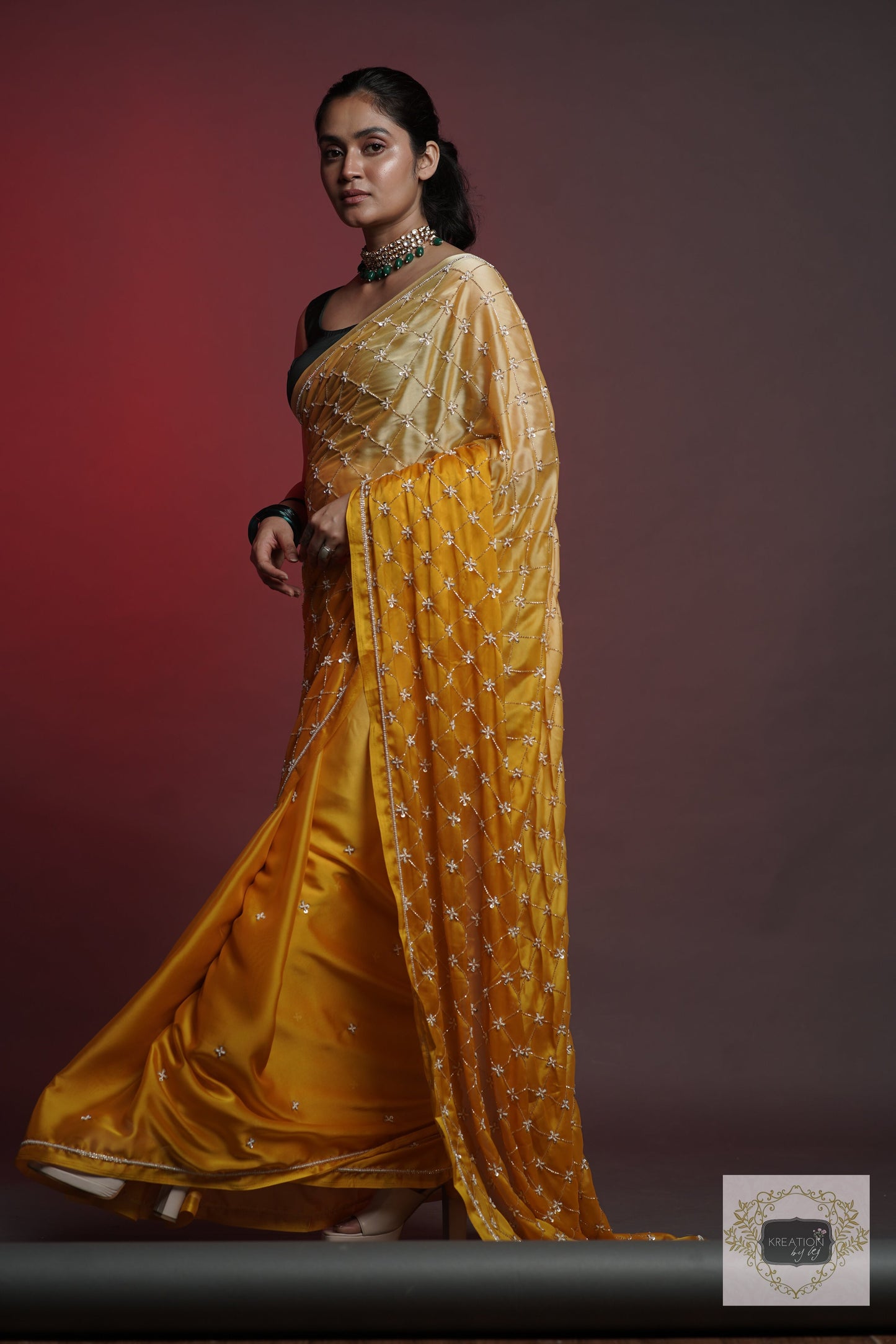 Yellow Ombre Cutdana Jaal Saree kreationbykj