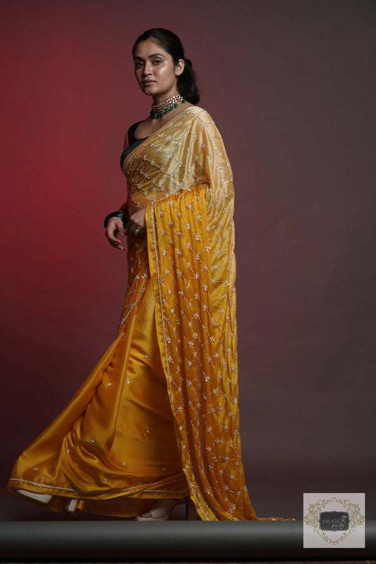Yellow Ombre Cutdana Jaal Saree kreationbykj