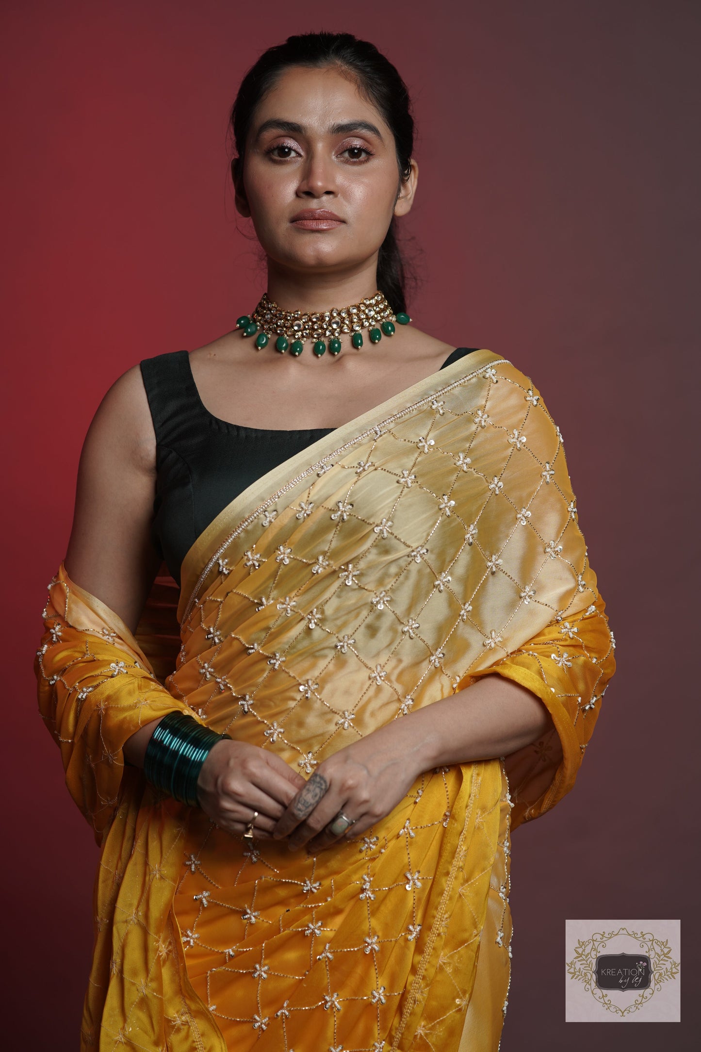 Yellow Ombre Cutdana Jaal Saree kreationbykj