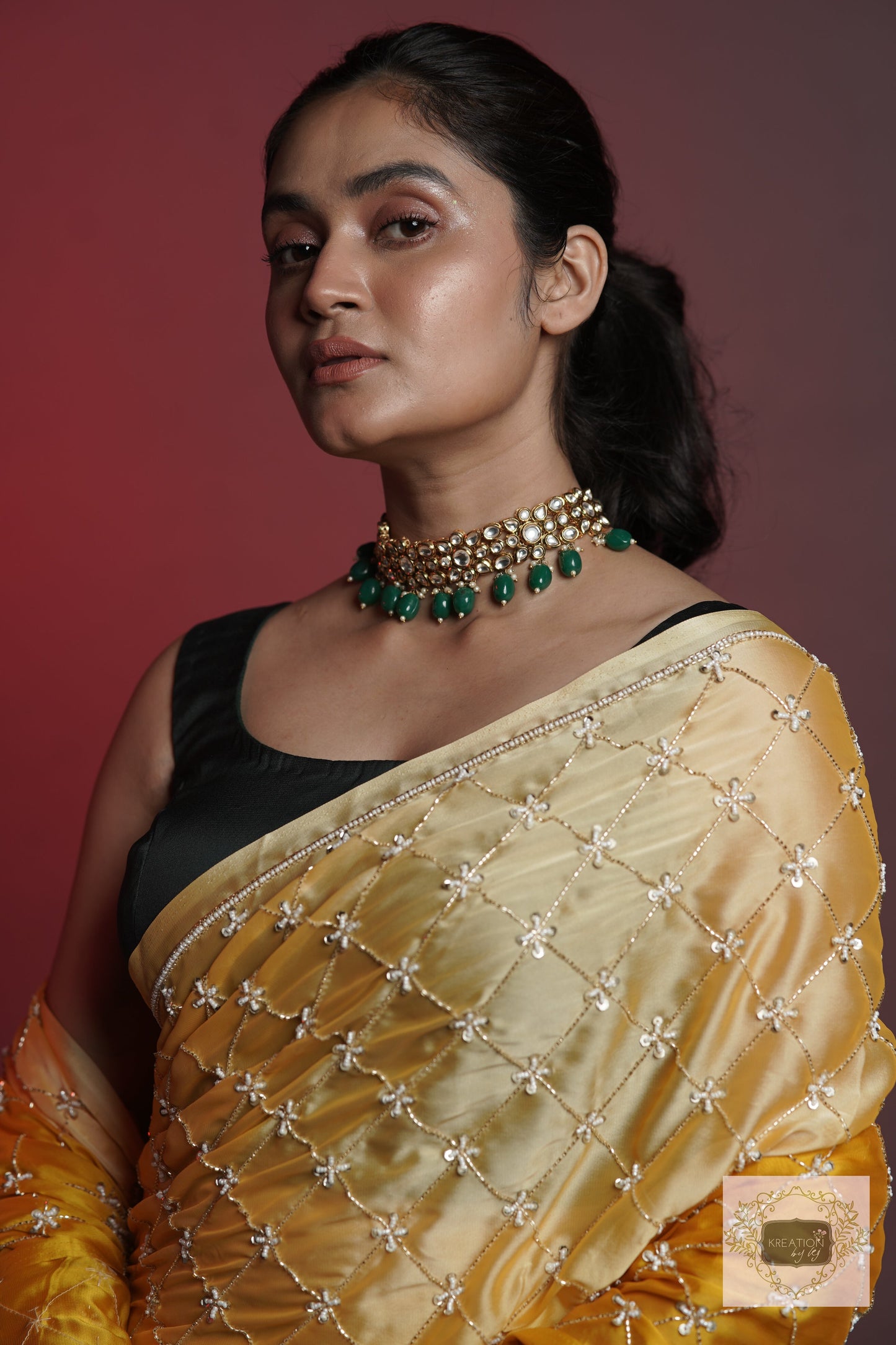 Yellow Ombre Cutdana Jaal Saree kreationbykj