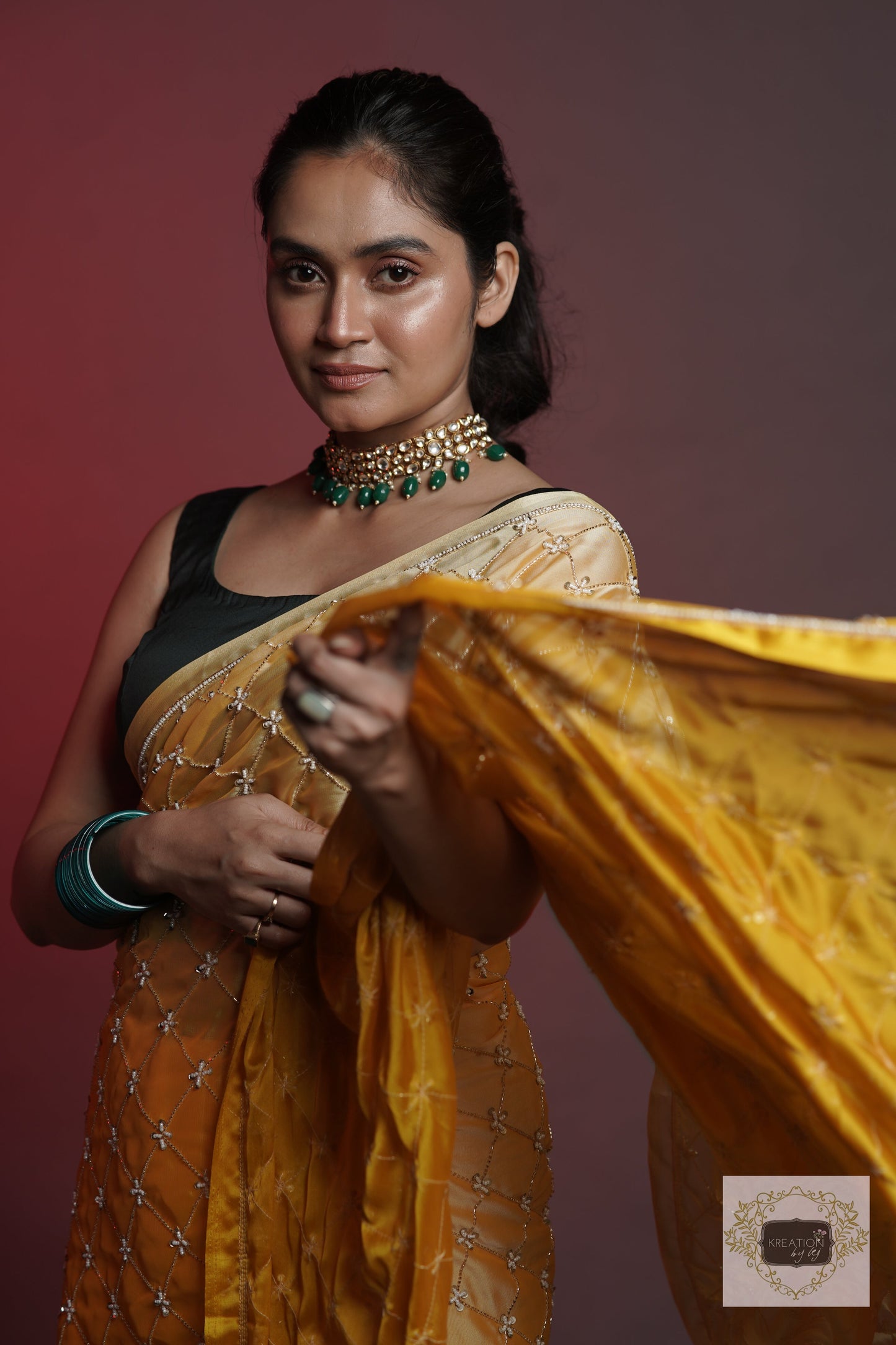 Yellow Ombre Cutdana Jaal Saree kreationbykj