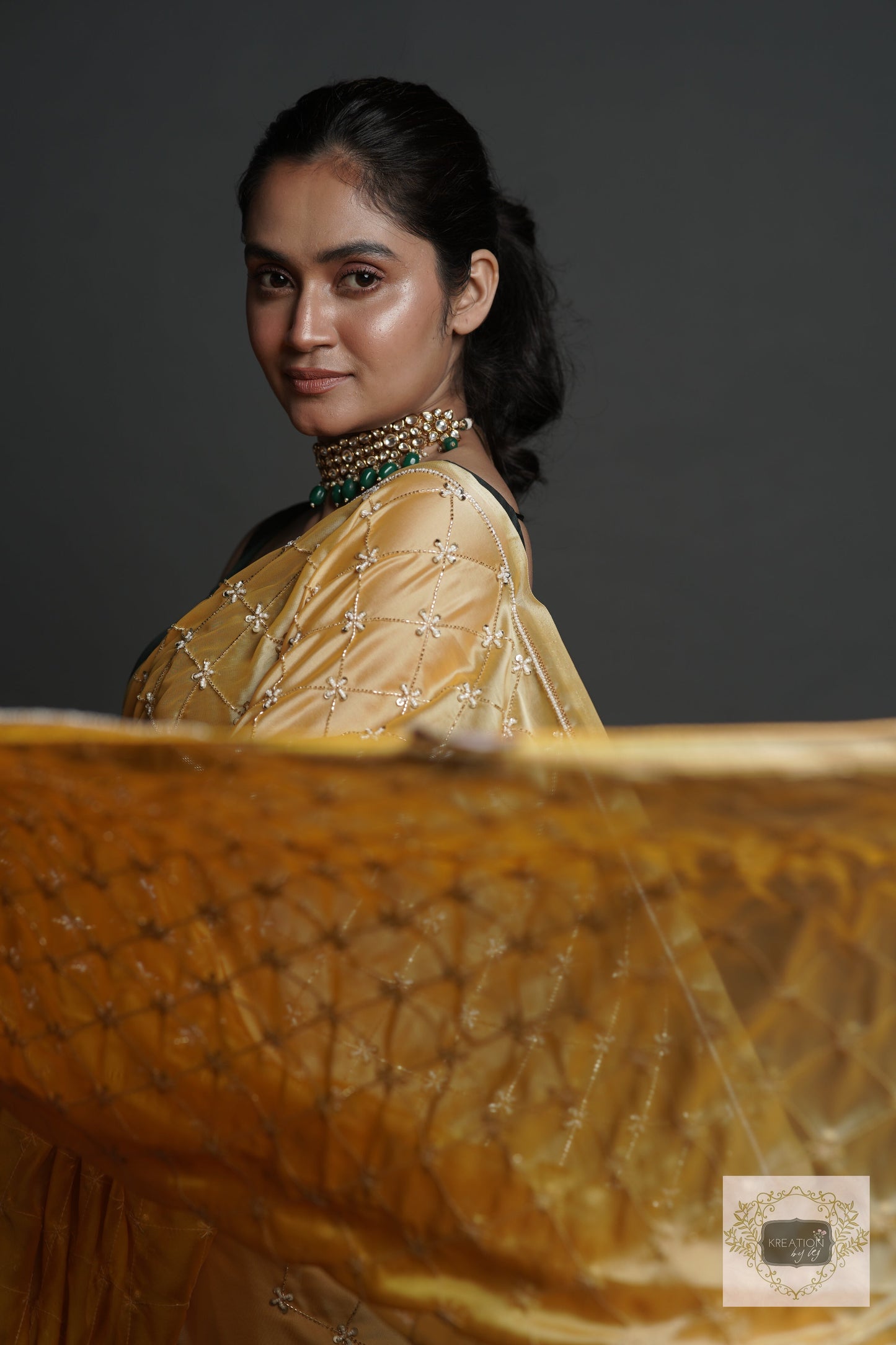 Yellow Ombre Cutdana Jaal Saree kreationbykj