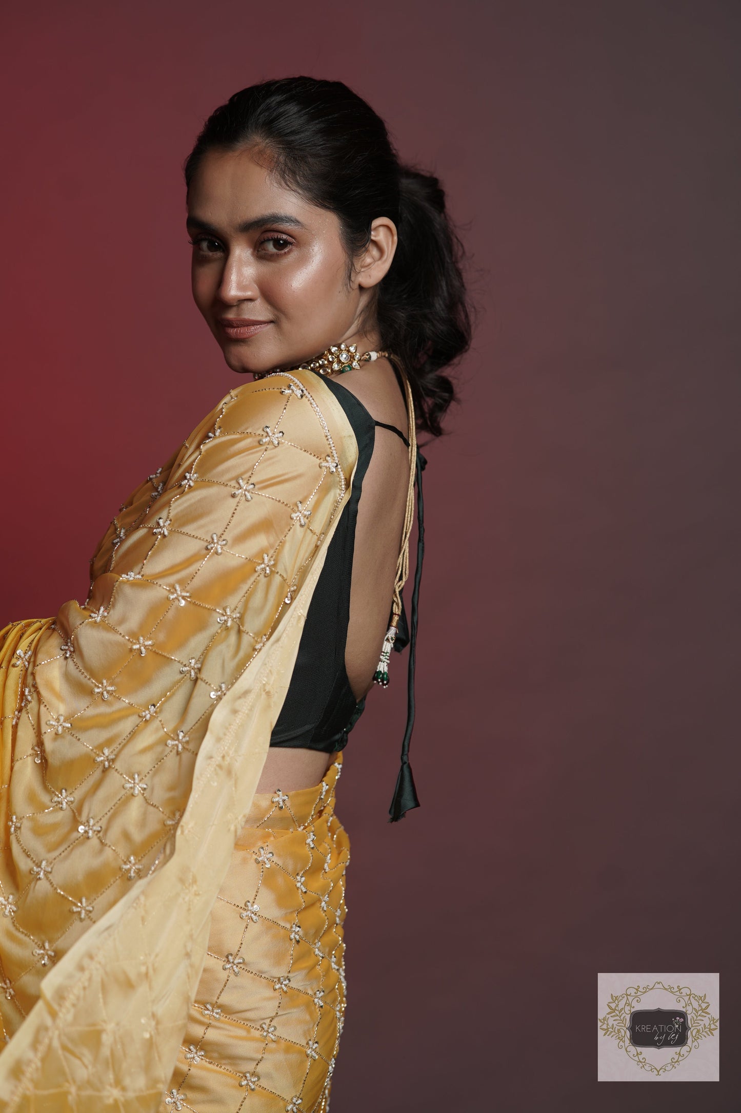 Yellow Ombre Cutdana Jaal Saree kreationbykj