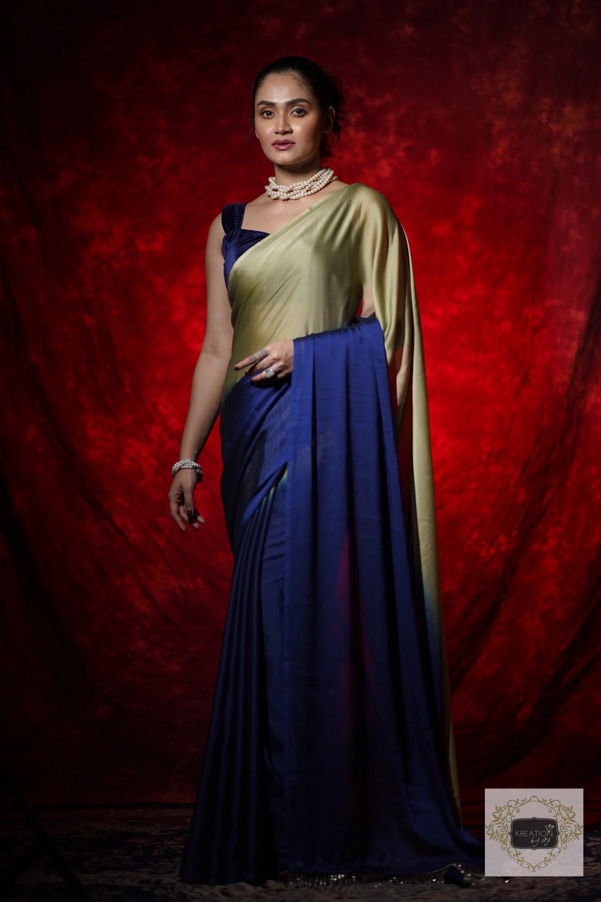 Navy Blue-Olive Georgette Ombre Cocktail Saree kreationbykj
